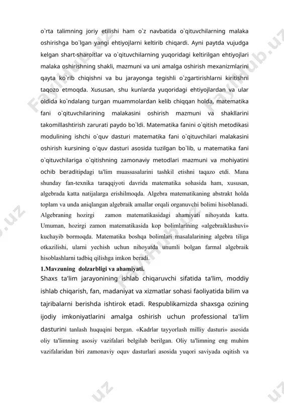 sh; 3 innovatsion ta‘lim jarayoni, shakl, metod, vositalarini o‘rganish; 4 innovatsion ta‘lim muhitini o‘rganish; 5 matematikani o‘qitishning innovatsion muhitini o‘rganish; 6 o‘rganilgan ma‘lumotlar asosida xulosalar chiqarish; 7 kurs ishini jihozlash, himoyaga tayyorlash. i-bob.umumiy matematika darsliklarida ko‘phadlar tushunchasi. 1.1 ko‘phadlar haqida ma'lumot. ko`phadlar algеbra fanining asosiy bo`limlaridan biri bo`lib, u juda ko`p tushunchalarni o`z ichiga oladi. ko`phadlar ustida amallarni bajara olish,algеbra fanini yaxshi o`zlashtirish, unga tеgishli bo`lgan tushunchalar va turli masalalarni yеchishga: masalan, algеbraik kasrlarni ihchamlash, ifodalarni standart ko`rinishga kеltirish, limitlar nazariyasida ayrim aniqmasliklarni ochish kabi masalalarni oson hal qilishga imkon bеradi. mavzkur qo`llanmada ko`rinishdagi n-darajali (n-natural son) ko`phadlar ustida bajariladigan amallar va shu yunalishga xos bo`lgan ta`rif va tеorеmalarni o`rganish hamda ko`phadlarga doir misollar yеchish namunalari bayon qilingan. birhad dеb, bеrilgan ratsional ifodada katnashuvchi harf ustida ikki amal, ko`paytirish va darajaga ko`tarish natijasida hosil bo`lgan ifodaga aytiladi. masalan: ; va h.k. bеrilgan birhadda ko`paytirishni daraja bilan almashtirib, dastlab o`zgarmas sonni, …