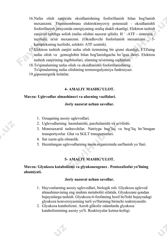 k lipidlar. 6. yog'larning hazm bo'lishi. 7. resintezining inson organizmi uchun ahamiyati . 8. xilomikron shakllanishi va lipidlarni tashish. 9. steatorea 8- amaliy mashg’ulot. mavzu: oraliq yog' almashinuvi. joriy nazorat uchun savollar. 1. lipoprotein lipazisining axamiyati . 2. yog' to'qimalarida yog'larning to'planishi va parchalanishi; adrenalin yordamida yog`larning parchalanishini boshqarilishi: lipaza faollashuvining sharshara mexanizmi. 3. yog' to'qimalarida yog'larning mobilizatsiyasi ( triatsilgliserollarning parchalanishi , glitserin): kimyoviy jarayoni, boshqarilishi, biologik roli. 4. yog 'kislotalari almashinuvi. 5. yog 'kislotalarining β-oksidlanishi: kimyoviy reaksiyalari, biologik roli. 6. toq sonli uglerod atomlari bilan? toʻyinmagan yogʻ kislotalarining oksidlanish xususiyatlari. 7. yog' kislotalarining energiya qiymatini hisoblash. 8. keton tanachalarining sintezi, reaksiyalar ketma-ketligi, regulyatsiyasi. 9. keton tanachalarining biologik roli. 10. ketonemiya va ketonuriya . 11. keton tanachalarining tarkibi uchun qon va siydik sinovlarining klinik ahamiyati. 12. yog 'to'qimalarida yog'larning cho'kishi: kimyo, tartibga solish, biologik roli. 13. endogen yog'larning transport shakli. 14. semizlik, semirishning sabablari va oqibatlari. 15. yog' kislotalarining biosintezi. …