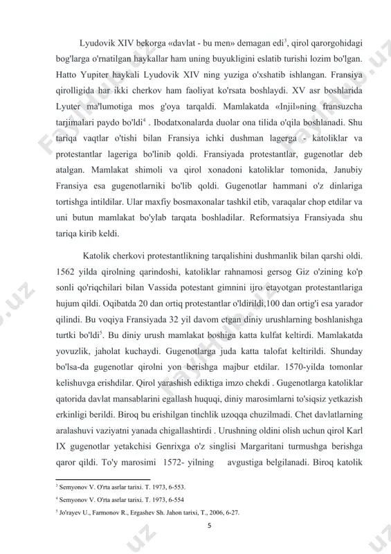 k mazhabini qabul qilmasdan parijga borib taxtga o'tira olmasligini yaxshi bilardi. genrix iv o'zining kuchi, qobiliyati va ta'siridan har ikki cherkov qavmlarini qo'shib tashladi. diniy urushlarni to'xtatish va mamlakat yaxlitligiga erishish uchun 1598 yilda nant ediktini imzoladi. ediktda katoliklar davlat dini deb e'lon qilingan bo'lsa-da gugenotlar quvg'in qilinmaydigan bo'ldi. mamlakatda diniy murosasozlikka erishildi. xv-xvii asrlardan fransiyada iqtisodiy rivojlanish davri boshlandi. feodal munosabatlari yemirilib, sanoat va qishloq xo'jaligida ishlab chiqarish munosabatlari rivojlana boshlandi. feodallarning siyosiy ta'siri pasayib, fransiya qirollarining hukmronligi kuchaydi. xvii asrga kelib fransiya g'arbiy yevropaning eng kuchli feodal absolyutizm davlatiga aylandi. uning mustamlakalari amerikada (kanada, vest-indiya) va hindistonda paydo boidi. xviii asrda savdo-sotiq va sanoat yanada rivojlanishi bilan mahalliy hukmdorlar shu qadar mustahkamlandiki, endi u dvoryanlarning tanho hukmronlik qilishini hohlamay qo'ydi. feodal tartiblar, qishloq xo'jaligining rivojlanishidagi asosiy to'siqqa aylana boshladi, sanoatning rivojlanishini qiyinlashtirdi. (inqilob arafasida fransiya aholisi 25 milionga yaqin edi . uning asosiy qismi 84 % i qishloq …