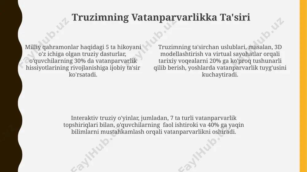 bosqichlarida, jumladan maktabgacha ta'lim muassasalarida ham, o'quv dasturlari va tadbirlar orqali amalga oshirilib, yoshlarni 10 ta muhim tarixiy voqea va shaxslar bilan tanishtiradi, bu esa ularning milliy g'ururini oshiradi. mustaqil fikrlash qobiliyatini rivojlantirish bilan birga, vatanparvarlik tarbiyasi yoshlarni ijtimoiy mas'uliyatlilikka, 5 ta asosiy insonparvarlik tamoyillariga va faol fuqarolik pozitsiyasini egallashga undaydi, bu esa kelajak avlodning salohiyatini oshiradi. yoshlarda vatanparvarlik tuyg'usini uyottirish davlat ramzlari, madhiyasi va tarixiy voqealarni o'rganish orqali 70% gacha o'quvchilarda vatanparvarlik tuyg'usining kuchayishi kuzatilgan. yoshlarni vatanparvarlikka chorlaydigan 5 ta ijtimoiy loyiha va 10 ta milliy an'analarni o'rganish ularning milliy ongiga ijobiy ta'sir ko'rsatadi. o'quv jarayonida vatanparvarlikni tarbiyalashda 3 dan ortiq milliy qahramonlar haqidagi hikoyalarni o'rganish, ularning jasorati va fidokorligini namoyish etish samarali bo'ladi. truzim orqali vatanga sadoqatni mustahkamlash tarixiy voqealar, madaniy meros va milliy qadriyatlarni aks ettiruvchi 5 ta truizm texnikasidan foydalanib, o'quvchilarning vatanga sadoqat hissini mustahkamlash mumkin. truzim orqali o'quvchilarning vatanga sadoqat tuyg'usini shakllantirishda 30 dan ortiq …