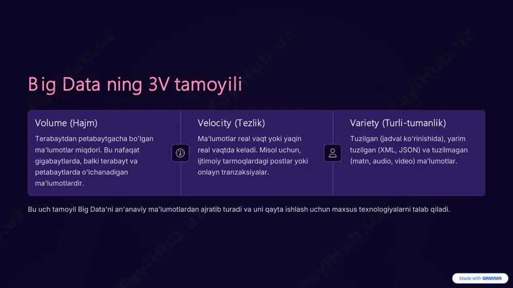 data analysis & modeling extract patterns and predict actionable intelligence insights for decisions big data ma'lumotlarni yig'adi, saqlaydi va boshqaradi. u xomashyo bilan ta'minlaydi. data science esa ushbu xomashyoni tahlil qilib, undan foydali bilim va qarorlarni chiqaradi. u xomashyoni qimmatli mahsulotga aylantiradi. shuning uchun ular bir-birini to'ldiradi va zamonaviy texnologik ekotizimda ajralmasdir. https://gamma.app/?utm_source=made-with-gamma https://gamma.app/?utm_source=made-with-gamma big data texnologiyalari va vositalari hadoop, apache spark katta ma'lumotlarni tarqatilgan holda qayta ishlash va tahlil qilish uchun platformalar. hadoop fayllarni saqlash, spark esa tezkor qayta ishlash uchun ishlatiladi. nosql bazalari (mongodb) tuzilmagan va yarim tuzilgan ma'lumotlarni moslashuvchan saqlash uchun mo'ljallangan ma'lumotlar bazalari. ular hajmli va tez o'zgaruvchan ma'lumotlar bilan ishlashda samaralidir. python, r, tensorflow data science uchun keng qo'llaniladigan dasturlash tillari va kutubxonalari. ular ma'lumotlar tahlili, bashoratli modellar yaratish va mashinani o'rganishda muhim rol o'ynaydi. ushbu vositalar big data ni samarali qayta ishlash va undan qiymat ajratish uchun fundamental hisoblanadi. https://gamma.app/?utm_source=made-with-gamma https://gamma.app/?utm_source=made-with-gamma big data va …