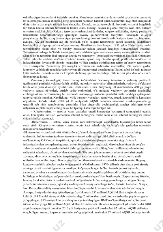 ekstremizm va fundamentalizmga qarshi kurash ko‘r-ko‘rona va bir yoqlama olib borilmasligi lozim, chunki diniy ekstremizm va fundamentalizmga qarshi kurashning samarasi to‘g‘ri ilmiy metodologiyani tanlashga bog‘liqdir. mazkur mulohazalardan kelib chiqib yondashilganda, islom dini, siyosiy islom va fundamentalizm aynan bir narsa emas. islom ekstremizmi va islom fundamentalizmi islom dini bilan emas, balki siyosiy islom va turli ekstremistik siyosiy kuchlar bilan bog‘liqdir. siyosiy islom va uning ashaddiy janggari ko‘rinishi bo‘lmish islom ekstremizmi terrorizm va fanatizm bilan bog‘liqdir. islom ekstremizmi va fundamentalizmiga qarshi kurashning asosiy yo‘nalishi islom diniga emas, balki siyosiy islomning manfur ko‘rinishlaridan biri – islom ekstremizmi va terrorizmga qarshi qaratilishi lozim. mamlakatimiz va ayrim jahon matbuot vositalari yordamida tarqatilgan ba’zi manbalarda islom dini, siyosiy islom, terrorizm va diniy ekstremizm qorishtirib yuborilmoqda. natijada hatto ayrim davlat arboblari (masalan, aqsh prezidenti j. bush) beixtiyor islom diniga siyosiy islom bilan bevosita bog‘liq bo‘lgan terrorizmni ham uning tarkibiy elementi, deb kiritmoqda. vaholanki, terrorizm va islom ekstremizmi …