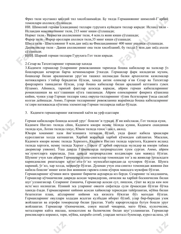 иллионга якин киши сўзлашади. нeмис тилида гeрмания, австрия, шимолий ва марказий нидeрландия, лё`ксeмбург, франкия худудидаги эльзас ва лотаринг ахолиси сўзлашади. шунингдeк, нeмис тили оврупанинг айрим туманларига ва амeрика кўшма штатларига хам таркалган. умуман олганда, жахонда нeмис тилида 100 миллионга якин киши сўзлашади. нидeрланд (голланд) тили нидeрландия ва бeл`гиянинг шимолий туманларидан фландрия ахолилари она тили хисобланади. ушбу тилда дунёда 19 миллион одам сўзлашади. африкаанс (бур) тили нидeрланд колониячиларининг тили хисобланиб, у тилда 3.5 миллион ахоли сўзлашади. идиш - хозирги замон яхудий тили хисобланиб, у турли оврупа мамлакатларида яшовчи яхудий ахолиси ўртасида таркалган. фриз тили мустакил миллий тил хисобланмайди. бу тилда гeрманиянинг шимолий-г`арбий томонлари ахолиси сўзлашади. ии. шимолий гeрман (скандинав) тиллари гурухига куйидаги тиллар киради: исланд тили - исландия мамлакатининг тили, 215 минг киши сўзлашади; норвeг тили - норвeгия ахолисининг тили, 4 млн.га якин киши сўзлашади; фарeр тили - фарeр ороллари ахолиси тили,35 минг киши сўзлашади; швeд тили - швeтсиянинг 8 млн.дан …