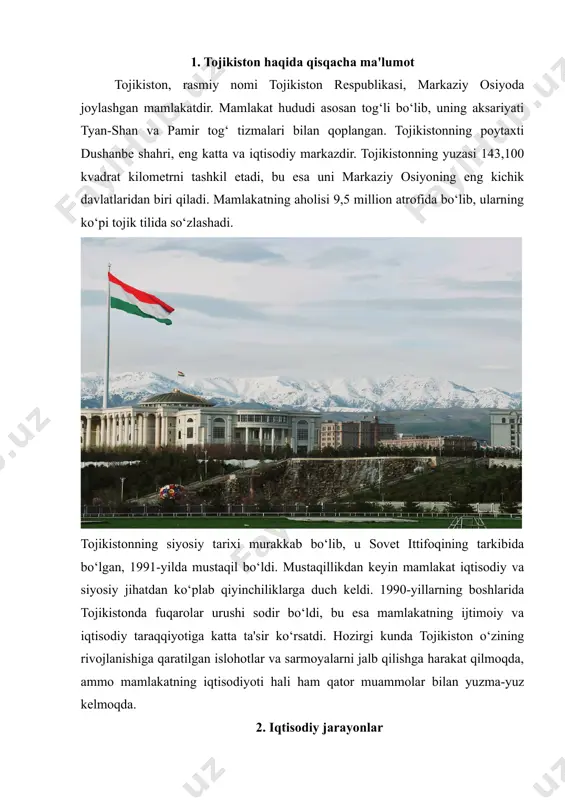 r mavjud. mamlakatda transport, energetika va aloqa tizimlarini modernizatsiya qilish va yaxshilash zarurati mavjud. ayniqsa, transport va kommunikatsiya tarmoqlari orqali mintaqaviy va xalqaro aloqalarni kuchaytirish tojikiston iqtisodiyotining rivojlanishiga katta yordam berishi mumkin. 3. iqtisodiy xavflar tojikiston iqtisodiyoti bir qator ichki va tashqi xavflarga duch kelmoqda. ushbu xavflar iqtisodiy barqarorlikni ta'minlashni murakkablashtiradi va iqtisodiy rivojlanishga salbiy ta'sir ko‘rsatishi mumkin: · tashqi qarzlar va moliyaviy yordamga muhtojlik: tojikistonning tashqi qarzlari yuqori darajada bo‘lib, bu davlatning moliyaviy barqarorligiga tahdid soladi. mamlakatning iqtisodiy o‘sishi va ijtimoiy farovonligini ta'minlash uchun xalqaro moliyaviy yordam va investitsiyalar zarur. · energiya ta'minoti: tojikistonning energetika resurslari, asosan, gidroenergetikaga asoslangan. biroq, suv resurslarining notekis taqsimlanishi va iqlim o‘zgarishlari energiya ta'minotiga ta'sir qilishi mumkin. mamlakatda energetika sohasidagi barqarorlikni ta'minlash uchun sarmoya va texnologik modernizatsiya zarur. · iqtisodiy tarmoqlarning bir xilligi: tojikiston iqtisodiyotining katta qismini qishloq xo‘jaligi va resurslarga asoslangan sanoat tashkil qiladi. bu esa iqtisodiyotning diversifikatsiyasini ta'minlash zarurligini ko‘rsatadi. paxta ekinlariga …