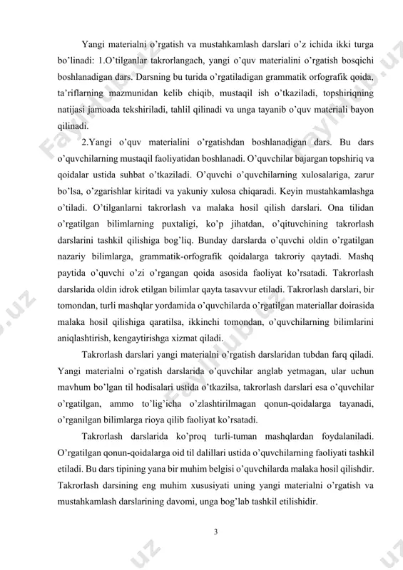 lash darslari esa o’quvchilar o’rgatilgan, ammo to’lig’icha o’zlashtirilmagan qonun-qoidalarga tayanadi, o’rganilgan bilimlarga rioya qilib faoliyat ko’rsatadi. takrorlash darslarida ko’proq turli-tuman mashqlardan foydalaniladi. o’rgatilgan qonun-qoidalarga oid til dalillari ustida o’quvchilarning faoliyati tashkil etiladi. bu dars tipining yana bir muhim belgisi o’quvchilarda malaka hosil qilishdir. takrorlash darsining eng muhim xususiyati uning yangi materialni o’rgatish va mustahkamlash darslarining davomi, unga bog’lab tashkil etilishidir. bilim va malakalarni umumlashtirish darslari. bunday darslarda ma’lum mavzu yoki bo’lim bo’yicha o’zlashtirilgan bilimlar qayta tizimga keltiriladi, mavzu yoki bo’lim yuzasidan yakuniy xulosalar chiqariladi. bunday darslar o’rganilgan bilim, hosil qilingan malakalarni tizimga keltirish, o’quvchilarda ilmiy dunyoqarashni shakllantirishning asosiy shakli hisobanadi. ta’lim jarayonida bilimlar emipirik va tushuncha darajasida umumlashtiriladi. emipirik umumlashtirishda o’rgatilayotgan hodisaning his qilingan xususiyatlari o’zaro taqqoslanadi, ikkilamchi bilimlar hisobga olinmaydi, o’xshash belgilar umumiy xususiyat sifatida qabul qilinadi. tushuncha darajasida umumlashtirishda ma’lum grammatik hodisaning his qilinayotgan konkret belgilari emas, balki uning umumiy xususiyatlari nazarda tutiladi. bunda asos qilib olingan xususiyat …