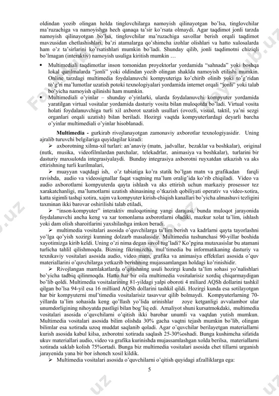 mumkin. bunda foydalanuvchi namoyishning natijaviy qismiga hech qanaqa ta’sir ko’rsatmaydi. chiziqli bo’lmagan namoyish uslubida esa, axborot natijasi foydalanuvchiga bog’liq bo’lib, foydalanuvchi qaysidir voditalar yordamida namoyish yo’nalishini, natijasini o’zgartirishi mumkin bo’ladi. foydalanuvchining bu jarayonga ishtirokini “interfaollik” deb atash mumkin. chiziqli bo’lmagan multimedia namoyishiga kompyuter o’yinlarini misol qilish mumkin. multimedia ma’lumotlarining chiziqli bo’lmagan namoyish uslubi ko’pincha “gipermedia” deb ham ataladi. multimedianing chiziqli va chiziql bo’lmagan namoyishini qiyosan quyidagi holatlarda kuzatish mumkin: agar taqdimot oldindan yozib olingan holda tinglovchilarga namoyish qilinayotgan bo’lsa, tinglovchilar ma’ruzachiga va namoyishga hech qanaqa ta’sir ko’rsata olmaydi. agar taqdimot jonli tarzda namoyish qilinayotgan bo’lsa, tinglovchilar ma’ruzachiga savollar berish orqali taqdimot mavzusidan chetlashishlari, ba’zi atamalarga qo’shimcha izohlar olishlari va hatto xulosalarda ham o’z ta’sirlarini ko’rsatishlari mumkin bo’ladi. shunday qilib, jonli taqdimotni chiziqli bo’lmagan (interaktiv) namoyish usuliga kiritish mumkin … · multimediali taqdimotlar inson tomonidan proyektorlar yordamida “sahnada” yoki boshqa lokal qurilmalarda “jonli” yoki oldindan yozib olingan shaklda namoyish etilishi mumkin. …