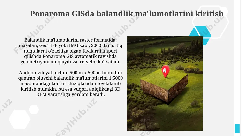 rini ishlatib, tojikistonning tog'li hududlarini yuqori aniqlikdagi 3d dem ga aylantirish mumkin. yakunlovchi fikrlar qo'shni hududlarning, masalan, farg'ona vodiysining 3d demlari bilan integratsiya qilish, katta miqyosdagi geografik tahlillar va 5000 kvadrat kilometrdan ortiq hududlarni modellashtirish uchun qo'shimcha ma'lumotlar beradi. ponaroma gis dasturi yordamida 3d dem yaratish jarayonida 1000 dan ortiq nuqta koordinatalarini aniq kiritish samarqand viloyati relyefini batafsil modellashtirish imkonini beradi. xatolarni aniqlash va bartaraf etish samarqand viloyatining tekislik hududlarida 10 sm dan kam boʻlgan balandlik farqlarini aniqlash uchun ponaroma gis dasturiy ta’minotining yuqori aniqlikdagi interpolatsiya usullaridan foydalanish kerak. andijon viloyati boʻyicha 500 dan ortiq nuqta oʻlchovlaridan foydalanib yaratilgan demda, 20% dan koʻproq xatolik darajasi aniqlansa, ma’lumotlarni tozalash va filtrlash jarayonini takrorlash lozim. loyiha misollari qashqadaryo viloyati, qarshi tumanidagi 150 kv.km maydonni qamrab oluvchi hududning dem yaratishda, ponaroma gis dasturi yordamida 5 metrli aniqlikdagi rastrli ma’lumotlardan foydalanildi. buxoro viloyatining 300 kv.km yer maydonini o'z ichiga olgan loyihada, ponaroma gis yordamida …