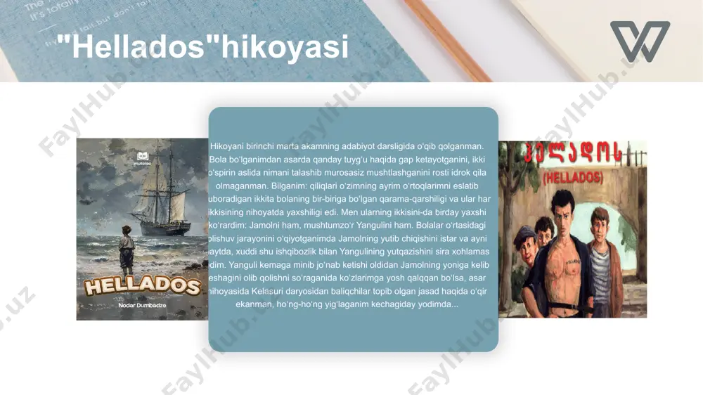kdagi naqsh va yurakdagi muhabbat "bayroq"hikoyasida badiiy detal sifatida maktab qorovuli tomonidan ikkiga bo'lib yirtilgan va botir o'z qo'llari bilan tikilgan bayroqni olsak bo'ladi hikoyalar qiyosi: hikoyalarning o'xshash tomonlari: ikki hikoyada ham bola obrazi qatnashgan. ikki hikoyada ham bolalarning ismi berilgan:botir va yanguli. hikoyalarning farqli tomonlari:"hellados". "hellados"hikoyasi chet el,gruzin adabiyoti namunasi. hikoya so'ngida yanguli vafot etadi. hikoyalarning farqli tomonlari:"bayroq". "bayroq"hikoyasi o'zbek adabiyoti namunasi. e'tiboringiz uchun rahmat! the user can demonstrate on a projector or computer, or print the presentation and make it film image1.jpeg image2.jpeg image3.jpeg image4.jpeg image5.jpeg image6.jpeg image7.jpeg image8.jpeg image9.jpeg image10.jpeg image11.jpeg