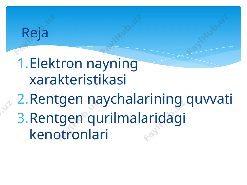 ga katta tezlanish bilan harakat qila boshlashadi va to‘qnashish natijasida rentgen nurlarini hosil qiladi. 1.elektron nayning xarakteristikasi rentgen naychasidagi elektronlar manbaning tabiatiga va uning kolbasi ichidagi vakuumning qiymatiga ko‘ra, rentgen naychalari ikki sinfga bo‘linadi.birinchi sinfga mansub naychalar gazli yoki ionli naychalari deb ataladi (1-rasm). rasm-1. ionli rentgen naychasining sxemasi. a - anod; a1 - antikatod; k - katod. elektronli rentgen naychasining ionli rentgen naychadan asosiy farqi shundaki, undagi elektronlar manbai sifatida rentgen naychasi katodi o‘rnida joylashtirilgan maxsus cho‘g‘lanmali spiral joylashtirilgan bo‘ladi (2-rasm). rasm-2. elektronli rentgen naychasining sxemasi: 1 – katodning ch‘og‘lanma spirali; 2 - anod oynasi; 3 - anod; 4 - shisha kolba; 5 – radiator. yerning tortishish maydonining kuchlari ta‘siri ostida bo‘lgan tosh ma‘lum bir tezlanish bilan tushganida eng yuqori tezlikka yer yuzasiga yaqinlashganida erishganidek, rentgen naychasidagi elektronlar ham katoddan anodga "tushadi". ularning tezligi anodga yaqinlashganda eng katta qiymatga erishadi. elektronlar o‘z harakatida massasiga va tezligining kvadratiga mutanosib kinetik …