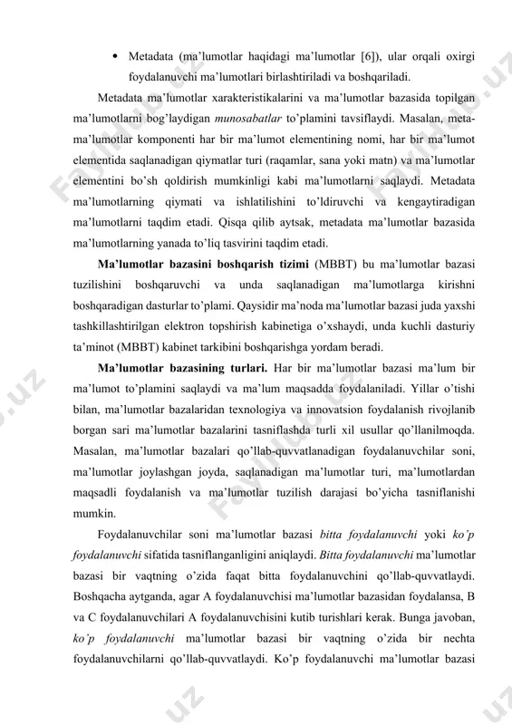 ganligini aniqlaydi. bitta foydalanuvchi ma’lumotlar bazasi bir vaqtning o’zida faqat bitta foydalanuvchini qo’llab-quvvatlaydi. boshqacha aytganda, agar a foydalanuvchisi ma’lumotlar bazasidan foydalansa, b va c foydalanuvchilari a foydalanuvchisini kutib turishlari kerak. bunga javoban, ko’p foydalanuvchi ma’lumotlar bazasi bir vaqtning o’zida bir nechta foydalanuvchilarni qo’llab-quvvatlaydi. ko’p foydalanuvchi ma’lumotlar bazasi nisbatan kam miqdordagi foydalanuvchilarni (odatda 50 dan kam) qo’llab-quvvatlasa, tashkilotning ishchi guruhi ma’lumotlar bazasi deb ataladi. ma’lumotlar bazasi butun tashkilot tomonidan ishlatilganda va ko’plab bo’limlarda (50 dan ortiq, odatda yuzlab) foydalanuvchilarni qo’llab-quvvatlasa, ma’lumotlar bazasi korxonabazasi deb nomlanadi. joylashuv ma’lumotlar bazasini tasniflash uchun ham ishlatilishi mumkin. masalan, bitta saytda joylashgan ma’lumotlarni qo’llab-quvvatlaydigan ma’lumotlar bazasi markazlashtirilgan ma’lumotlar bazasi deb ataladi. bir nechta turli saytlarda tarqatilgan ma’lumotni qo’llab-quvvatlaydigan ma’lumotlar bazasi taqsimlangan ma’lumotlar bazasi deb ataladi. markazlashtirilgan va markazlashtirilmagan (tarqatilgan) ma’lumotlar bazasi ma’lumotlar bazasini amalga oshirish va boshqarish uchun aniq belgilangan infratuzilma (apparat, operatsion tizimlar, tarmoq texnologiyalari va boshqalar)ni talab qiladi. odatda, infratuzilmaga ma’lumotlar bazasini yaratadigan va …