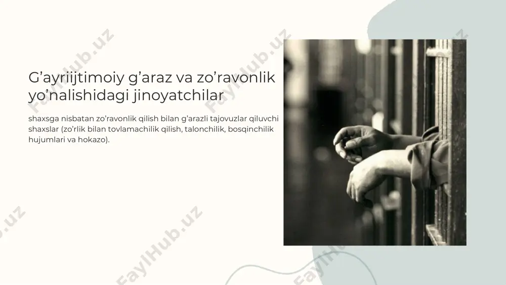 shaxslar, muayyan huquq bilan muhofaza etiladigan qadriyatlarga barqaror yomon munosabatda bo’lgan jinoyatchilar; 3. jinoiy xatti-harakati g’azablanish holati (disforiya), yuqori ruhiy hayajon (affektasiya), jamiyatdan begonalashuv (autiklik), ijtimoiy begonalik hissi tufayli yuzaga keladigan jinoyatchilar. 5. o'ziga xos «majburiy» jinoyatchilar – jinoyatlarni ular go’yoki chorasiz vaziyatda, subyektiv talqin etiladigan zarurat orqasida sodir etadilar. 6. gedonistik (soddalazzatlanish) jinoyatchilarning jinoyatlari utilitar ehtiyojlari haddan tashqari ortib ketgan sharoitda ularni qonuniy yo’l bilan qondirish mumkin bo’lmaganida yuzaga keladi.