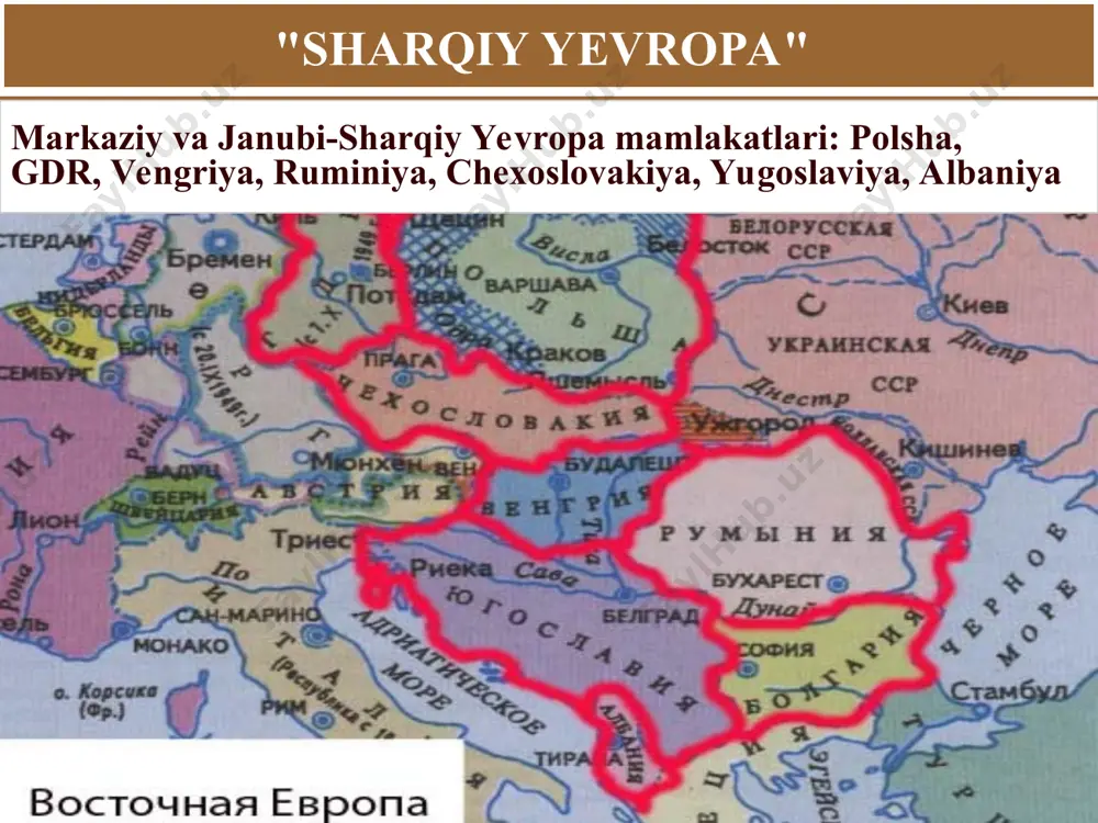 o'rtalari-1960-yillarning oxiri-siyosatdagi o'zgarishlar ommaviy repressiyalarni to'xtatish,ularning qurbonlarini qisman reabilitatsiya qilish qishloq xo'jaligida majburiy kooperatsiya shakllarini yumshatish kichik biznes uchun cheklovlarni qisman olib tashlash qattiq ma'muriy iqtisodiy boshqaruvning zaiflashuvi ba'zi mamlakatlarda sssrda stalin rejimini tanqid qilish xavotirga sabab bo'ldi. ularning rahbarlari tanqidni ularga o'tkazish imkoniyatidan xavotirda edilar. ular nafaqat moskva va ba'zi sharqiy yevropa mamlakatlaridagi o'zgarishlarni qo'llab-quvvatlamadilar, balki o'z pozitsiyalarini egallashga harakat qildilar. 60-yillarning boshlarida ruminiya o'z mustaqilligini e'lon qila boshladi. albaniya sssr bilan aloqalarni uzdi. 1980 yil iyul-sentyabr-polshada siyosiy inqirozning boshlanishi. "birdamlik" harakati "birdamlik" kasaba uyushmasi rahbari lex valensa mitingda general voytsex yaruzelskiy harbiy holat joriy etilganligini e'lon qiladi chexoslavakiya aleksandr dubchek kpc markaziy qo'mitasining birinchi kotibi (1968 yil yanvar-avgust) 1968 yil aprel kps dasturi jamiyatni demokratlashtirish praga bahori erkin bozorni joriy etish iqtisodiyotni mexanizmlashtirish 1968 yil a. dubchek boshchiligidagi kpsning yangi rahbariyati demokratik o'zgarishlar zarurligini e'lon qildi. 1968 yil aprel-markaziy qo'mita plenumi "inson yuzi bilan sotsializm"qurish rejasini qabul qildi.1968 …