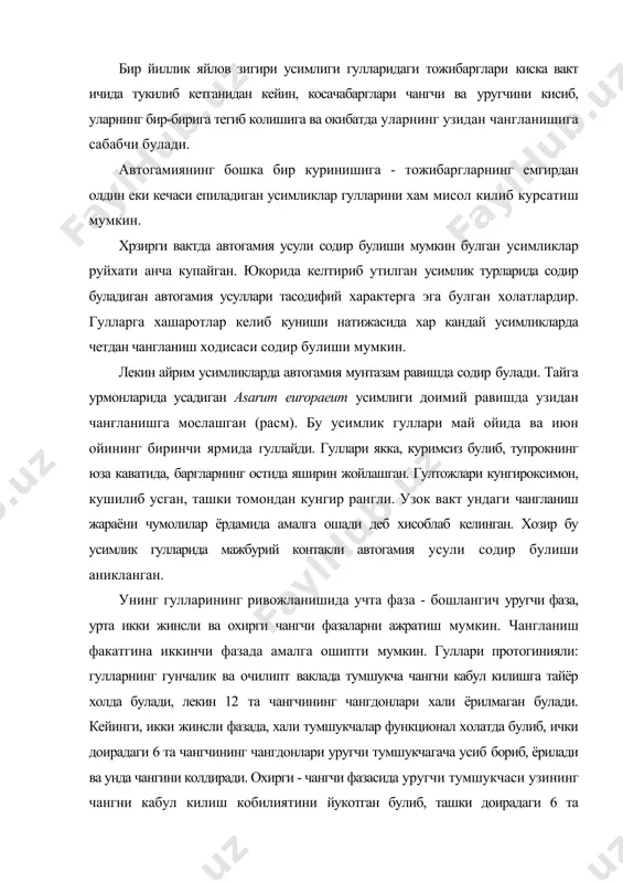 лекин улар жуда кштга булиб, тумшукчаси даражасидаги узунликка ета олмайди. шундай килиб, гулнинг биринчи ва охирги стадиялари чангланиш учун ахамиятсиз эканлиги аникланган. 2 гравитацион автогамия усулини яккагул (moneses uniflora) усимлиги мисолида курии, мумкин. унинг йирик ва ок рангли гултожлари узларидан хушбуй хид таратиб туради, лекин бу гуллар хашаротларни узига жалб килиш учун хид чикармайди. хашаротлар хам бу гулга ташриф буюришмайди. чунки бу усимлик автогам усимликдир. усимликда автогамияни амалга ошириш учун гул бандлари пастга караб букилади. бунда уругчининг устунчалари пастга караб тик осилиб колмайди, балки кия жойлашади. устунчанинг кия жойлашиши чангдондаги чангларнинг тумшукчага тушишини осонлаштиради (расм). гулларнинг автогам усулида чангланишида гуллар шамолнинг механик таъсирлари натижасида тебраниб, чангдон ёрикларидан чанг доначалари уругчи тумшукчаси устига тукилади (шамол-автогамияси). автогамиянинг амалга ошишига гулларда яшовчи майда хашоратлар - трипслар хам сабабчи булиши мумкин. трипс-автогамия усимликларнинг турли хил вакилларида учрайди, айниқса қоқиутдошлар оиласи вакилларининг майда найсимон гулларида куп учрайди. айрим кузатишларга караганда, (о. хагеруп (1954) усимликларда ёмгир …