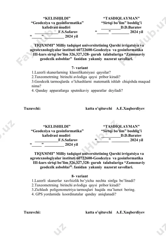 lash poligonometriya tarmoqlari haqida ma’lumot bering. 4. gps yordamida koordinatalar qanday aniqlanadi? tuzuvchi: katta o’qituvchi a.e.xaqberdiyev “kelishildi” “geodeziya va geoinformatika” kafedrasi mudiri ____________f.s.safarov “_____” __________ 2024 yil “tasdiqlayman” “sirtqi bo’lim” boshlig’i __________d.d.baratov “______” _________ 2024 yil tiqxmmi” milliy tadqiqot universitetining qarshi irrigatsiya va agrotexnologiyalar instituti 60722600-geodeziya va geoinformatika iii-kurs sirtqi bo’lim 326,327,328- guruh talabalariga “zamonaviy geodezik asboblar” fanidan yakuniy nazorat savollari. 9- variant 1.zamonaviy yer lazerli skanerlarining asosiy xarakteristikasi qanday? 2.qanday tipdagi nivelir reykalarini bilasiz? 3.taxeometrning ikkinchi avlodiga qaysi pribor kiradi? 4. gps yordamida koordinatalar qanday aniqlanadi? tuzuvchi: katta o’qituvchi a.e.xaqberdiyev “kelishildi” “geodeziya va geoinformatika” kafedrasi mudiri ____________f.s.safarov “_____” __________ 2024 yil “tasdiqlayman” “sirtqi bo’lim” boshlig’i __________d.d.baratov “______” _________ 2024 yil tiqxmmi” milliy tadqiqot universitetining qarshi irrigatsiya va agrotexnologiyalar instituti 60722600-geodeziya va geoinformatika iii-kurs sirtqi bo’lim 326,327,328- guruh talabalariga “zamonaviy geodezik asboblar” fanidan yakuniy nazorat savollari. 10- variant 1.dalnomer blokini ishlashh aniqligi qanday topiladi? 2.texnik nivelirlash qachon qo’llaniladi? 3.taxeometrning ikkinchi …