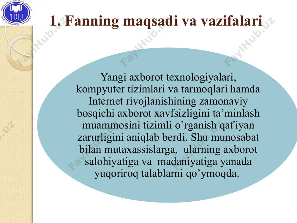 ning samaradorligini yuksaltirib yubordi. ekologik xavfsizlik. ekologik xavfsizlik – global masshtabdagi muammodir. «ekologik toza», energiya va resurs tejaydigan, chiqindisiz texnologiyalarga o’tish faqat milliy iqtisodni axborotlashtirish hisobiga qayta qurish asosidagina yo’lga qo’yish mumkin. avtomatlashtirilgan axborot tizimlarida axborotlar o’zining hayotiy davriga ega bo’ladi. bu davr uni yaratish, undan foydalanish va kеrak bo’lmaganda yo’qotishdan iboratdir. (1. rasm). axborotlar hayotiy davrining har bir bosqichida ularning himoyalanganlik darajasi turlicha baholanadi. 12 maxfiy va qimmatbaho axborotlarga ruxsatsiz kirishdan himoyalash eng muhim vazifalardan biri sanaladi. kompyutеr egalari va foydalanuvchilarning mulkiy huquqlarini himoyalash bu ishlab chiqarilayotgan axborotlarni jiddiy iqtisodiy va boshqa moddiy hamda nomoddiy zararlar kеltirishi mumkin bo’lgan turli kirishlar va o’g`irlashlardan himoyalashdir. 13 axborotning hayotiy davri axborotni saqlash va arxivlash so`rovlar bo`yicha axborotlarni tanlash axborotni qayta ishlash axborotdan foydalanish hisobot ma'lumotlari eski axborotlarni yo`qotish saqlash uchun axborotlarni tizimlashtirish, tartibga solish va o`girish axborotlarni foydaliligi va aniqliligi bo`yicha baholash olingan axborot birlamchi axborot axborotlarni yangilab turish 1– rasm. …