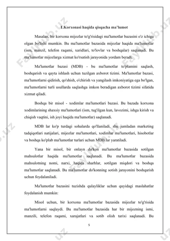 bo'lishi, va ustunlar o'rtasida to'liq bog'liqlik bo'lishi kerak. bunda, bir ustun boshqa ustunga to'liq qarashli bo'lishi kerak. to'rtinchi normalizatsiya (4nf) va boshqalar- keyingi bosqichlar boshqa normalizatsiya bosqichlari sifatida davom etadi va ma'lumotlar bazasini qulaylik va toza tuzilgan holda saqlash uchun muhimdir. indeksatsiya, ma'lumotlar bazasidagi ma'lumotlarga tezlik bilan murojaat qilish uchun indekslarni yaratish va ulardan foydalanishning protsedurasi hisoblanadi. indeksatsiya ma'lumotlarni tezlik bilan izlashni va ma'lumotlar bazasining ishlash tezligini oshirishni ta'minlaydi. quyidagi indeksatsiya bosqichlari mavjud: normalizatsiya, ma'lumotlarni qulaylik bilan saqlash va ularga kirishni tashkil etishda yordam beradi. bu usul, ma'lumotlar bazasining toza va samarali bo'lishini ta'minlaydi indeks yaratish- ma'lumotlar bazasidagi ma'lumotlar ustida indeks yaratish. indeks, ma'lumotlarni tezlik bilan izlash uchun ma'lumotlar bazasidagi biron bir ustun yoki ustunlar to'plamiga bog'liq indeksdir. unikal indekslar- unikal indekslar, ma'lumotlarni to'liq qarashli bo'lish uchun yaratiladi. bunday indekslar, ma'lumotlarning dublikatlarini engellemek va ma'lumotlarni to'g'ri va xavfsiz saqlash uchun muhimdir. birlashtirilgan indekslar- birlashtirilgan indekslar, bir nechta ustunlardan yoki jadvallardan …