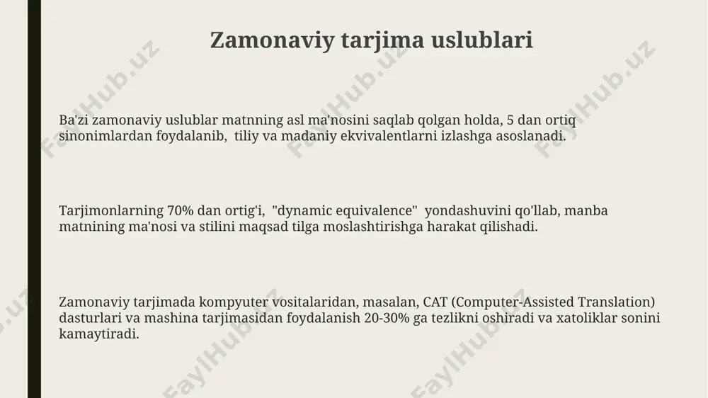 sions, reflecting ancient greek philosophical traditions. tarjimonning roli va mas’uliyati tarjimon, matnning asl ma’nosini 90% dan yuqori darajada saqlab qolishga, madaniy kontekstni hisobga olgan holda, 10 ta dan ortiq istilohlarni aniq tarjima qilishga mas’uldir. adabiy asarlarni tarjima qilishda tarjimon kamida 5 yillik tajribaga ega bo‘lishi va manba va maqsad tillarni mukammal bilishi kerak, aks holda semantik xatolar yuzaga kelishi mumkin. tarjimonning mas’uliyati, muallifning badiiy uslubini saqlab, nutqning oqimini buzmasdan, 200 dan ortiq iboralarni uyg‘unlashtirishni o‘z ichiga oladi, bu asarning asl ruhini uzatish uchun muhimdir. mashhur klassik asarlarning tarjimalari mashhur klassik asarlarning o'zbek tiliga tarjimalari soni 20-asrning ikkinchi yarmidan boshlab sezilarli darajada oshgan bo'lib, turli adabiy maktablarga mansub asarlarni qamrab olgan. ba'zi klassik asarlarning 5 dan ortiq o'zbek tilidagi tarjimalari mavjud bo'lib, ularning har biri o'ziga xos tarjima uslubi va badiiy xususiyatlariga ega. alisher navoiyning “xamsa”si singari yirik asarlarning to'liq tarjimalari yaratishda 10 dan ortiq mutaxassislarning jamoaviy sa'y-harakatlari muhim rol o'ynagan. …