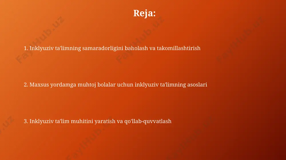 ta-onalar bilan hamkorlik ota-onalar bilan samarali hamkorlikni ta’minlash uchun kamida oyiga 2 marta uchrashuvlar o‘tkazish, individual ta’lim rejalari (itr) muhokamasi va oilaviy sharoitlarni hisobga olish kerak. o‘quvchining rivojlanishini kuzatish va baholashda ota-onalarning faol ishtiroki, masalan, 5 balldan iborat shkala yordamida, o‘qituvchilar bilan birgalikdagi baholash natijalari hisobga olinadi. adaptiv texnologiyalar va vositalar assistive technology, masalan, nutqni tan olish dasturlari, o'quvchilarning 80% ga yaqinida o'qish qobiliyatini sezilarli darajada yaxshilashga yordam beradi va ularning o'ziga ishonchini oshiradi. interaktiv o'yinlar va simulyatsiyalar, jumladan, 3d modellashtirish, matematika va fan fanlarini o'zlashtirishda individual ehtiyojlarga moslashtirilgan ta'limni ta'minlash uchun samarali vositalar hisoblanadi. inklyuziv sinf xonalarini tuzish inklyuziv ta'limni samarali amalga oshirish uchun har 10 nafar o‘quvchi uchun kamida 1 nafar malakali maxsus pedagog va qo‘llab-quvvatlovchi mutaxassislar (logoped, psixolog) ta'minlanishi zarur. inklyuziv sinf xonalari dizayni, nogironlar aravachasi foydalanuvchilari uchun 120 sm dan kam bo‘lmagan minimal koridor kengligini, shuningdek, 75 sm balandlikdagi moslashtirilgan mebellarni o‘z ichiga olishi lozim. inklyuziv …