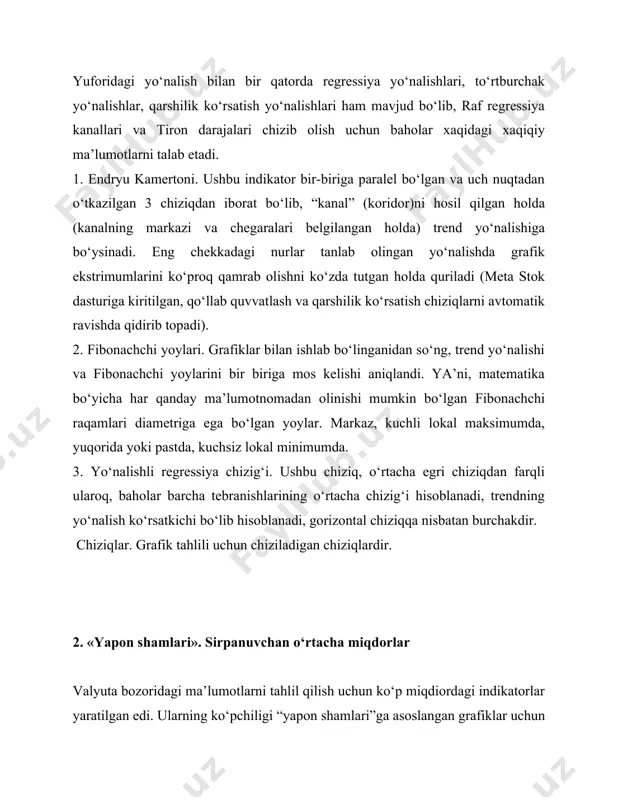 boshlab nixoyatda e’tiborli bo‘lib qoldi. sham, mazkur vaqt intervali (-1) ichidan ataylab tanlab olingan bahonining 4 hil ifodasini ko‘rsatadi, davomiyligi: 1 daqiqa, 5 daqiqa, 10 daqiqa, 60 daqiqa (soatli), xaftali, oyli va shu kabi. bunda quyilatilar ishlatiladi: bahosining boshlang‘ich ifodasi, ya’ni ochilish bahosi, masalan soat funt bo‘yicha (open); bahoning ushbu soat bo‘yicha maksimal ifodasi (high); minimal ifodasi (low); 1 soat o‘tib bo‘lishidagi baho ifodasi, sham yopilishi bahosi (close). ochilish va yopilish baholari sham tanasi (body) bilan, to‘g‘ri burchak shaklida o‘zaro birlashtiriladi. h h c o l l o c l l agarda, open s1. mazkur indikator keng tebranish indikatoriga ega bozorda nixoyatda samaralidir. foydalanishning uch usuli mavjud: darak chizig‘idan pastga tushib ketsa, sotish. yangi macdni taklif etaman: pp1, pp2, pp3; short-long-average x=ma(c,pp1,s)-ma(c,pp2,s); newmacd=ma(x,pp3,s); u sotib olingan bozorni qayta sotib olish/sotilganni qayta sotish uchun samaralidir. nisbatan qisqa bo‘lgan ma uzunidan keskin uzoqlashsa, ya’ni ossilyator oshsa, bu bahoni realistik darajaga qaytishi to‘g‘risida …
