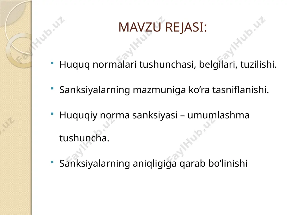 pozitsiya, sanksiya dispozitsiya bu huquq normasida nazarda tutilgan ruxsat etilgan, majburiy yoki taqiqlangan xatti-harakatdir. masalan: "...u jinoyat sodir etgan hisoblanadi." – bu dispozitsiya. gipoteza bu huquq normasining amal qilishi uchun qanday holatlar yuz berishi kerakligini ko‘rsatadi. ya’ni, norma qaysi shartlarda kuchga kirishini belgilaydi. masalan: "agar shaxs o‘g‘irlik qilsa..." – bu gipoteza. sanksiya bu huquq normasining buzilishi natijasida qanday javobgarlik (jazolar) bo‘lishini ko‘rsatadi. masalan: "...va besh yildan o‘n yilgacha ozodlikdan mahrum qilinadi." – bu sanksiya sanksiyalarning mazmuniga ko’ra tasniflanishi mutlaq aniq sanksiyalar ularda noxush oqibatlarning miqdori aniq ko'rsatilgan (xodimni xizmat burchini bajarishdan ozod etish, ishdan bo'shatish, jarimaning aniq miqdori va hokazo) bo'ladi; nisbiy aniq sanksiyalar bularda noxush oqibatlar chegarasining eng ozidan eng ko'pigacha yoxud faqat eng ko'pigacha ko'rsatiladi. avvalo, bular jinoyat kodeksining «falon yildan falon yilgacha ozodlikdan mahrum qilish bilan jazolanadi» yoki «... yilgacha muddatga ozodlikdan mahrum qilish bilan jazolanadi» shaklidagi sanksiyalaridir; alternativ sanksiyalar sanksiyalarning mazmuniga ko’ra tasniflanishi javobgarlik charoalarini nazarda …