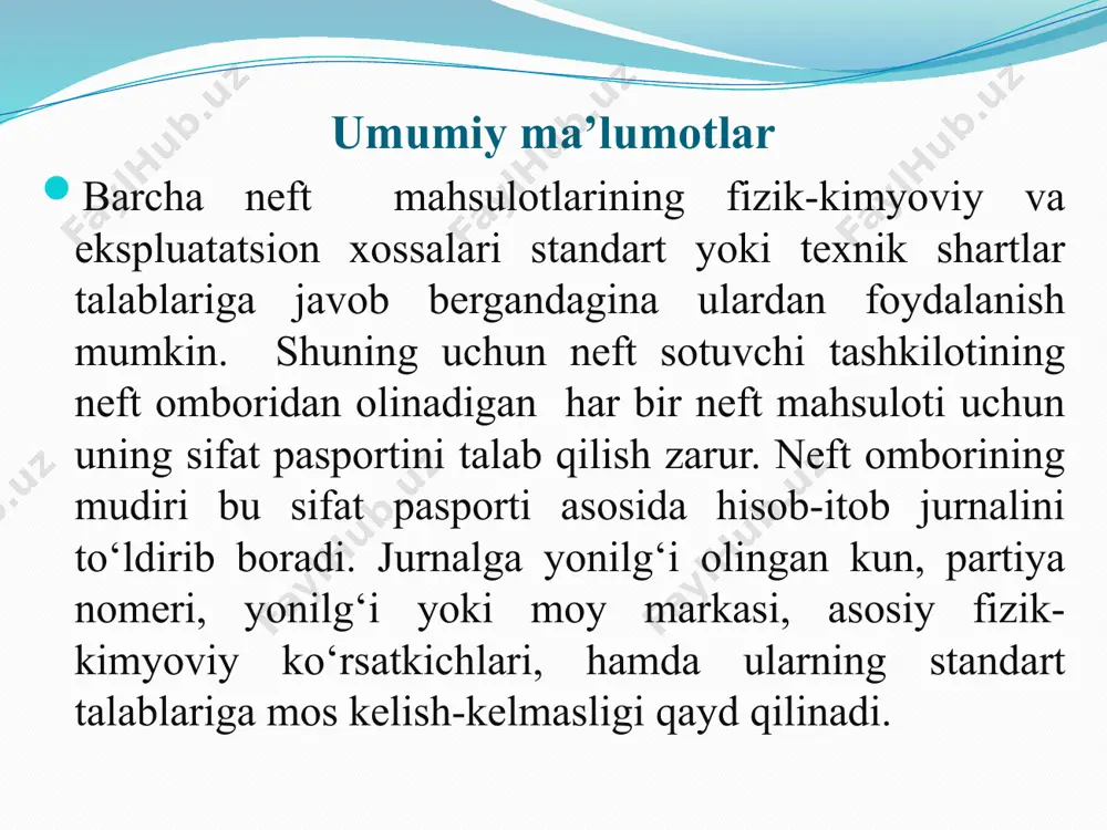 hun mо‘ljallangan. 1- rasm. namuna olish uchun ruletkali lot. 1-chizg‘ich; 2-rezba; 3-shtuser; 4-ruletka; 5-rezina naycha; 6-qopqoq; 7-stakan amaliy komplektiga rezervuar, sisterna va boshqa katta idishlardan namuna olish uchun ishlatiladigan ruletkali lot (1- rasm) kiradi suv va mexanik aralashmalar borligini aniqlash. idishlar tubida suv borligi amaliydagi kaliy permaganat yordamida aniqlanadi. u neft maxsulotlarida erimaydi, lekin suvda osongina eriydi. bu moddaning bir nechta kristali oq lattaga о‘ralib, idish tubiga tushiriladi va 3-4 min tutib turiladi. pushtirang yoki tо‘q qizil rangning paydo bо‘lishi idishda suv borligini bildiradi. bu xolda suv qatlamining qalinligini suvga sezgir qog‘oz yoki pasta yordamida aniqlash lozim. mexanik aralashmalar va suv borligini aniqlash. mexanik aralashmalar va suv yonilg‘ida erimaydi, shuning uchun yonilg‘ida ularning borligini rangsiz shishadan yasalgan idishdagi yonilg‘ini kо‘zdan kechirib aniqlash mumkin. toza neft maxsulotlari bir jinsli bо‘ladi, agar ularda ozginagina suv bо‘lsa ham idishdagi hamma yonilg‘i xiralashadi, bunday yonilg‘ini dvigatellarda ishlatish mumkin emas. suvli moy tomchisi oynaga surtilganda …
