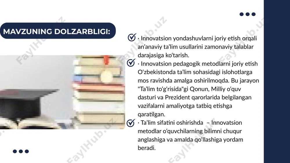 : ✅har bir o‘qituvchi yangilikka ochiq bo‘lib, dars jarayoniga zamonaviy va innovatsion metodlarni tatbiq etsa, nafaqat o‘quvchilar yuksak natijalarga erishadi, balki maktab hayotida ham ijobiy va barqaror o‘zgarishlar yuz beradi. e’tiboringiz uchun rahmat! dostonbek abdurazzaqov | 2025 image9.png image1.png image2.svg image3.png image4.png image5.png image6.png image7.svg image8.png image10.png image11.png image12.png image13.svg image14.png image15.png image16.svg image17.png image18.png image19.svg image20.png image21.png image22.png image23.png image24.png image25.png image26.png image27.png image28.png image29.png image30.png /docprops/thumbnail.jpeg