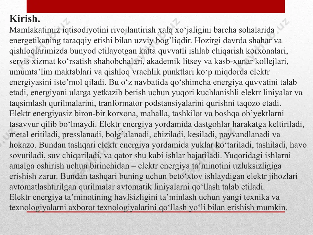 xron elktrodvigatel bilan xarakatga keltiriladi. parmalash golovkasinig aylanish yo‘nalishi dvigatelni reverslash yo‘li bilan bajariladi. ddastgoh quyidagi texnik xarakteristikalarga ega: *teshish diametri --- 35 mm, po‘lat uchun 45 mm *shpindelning maksimal yoli --- 250 mm, *aylanish tezligining soni --- 12, *maxsimal aylantiruvchi moment --- 300 kgc.m *ish unumdorligi---55 teshik/soat *uzatma soni---9 dastgohning elektr jihozlari to‘g’risida ma’lumotlar: *o‘zgaruvchan tok kuchlanishi --- 380/220 b, *dvigatel --- ao2-52-4/2-ci, *quvvati --- 8,3/10,2 kvt, parmalash dastgohi elektr yuritmasiga qo‘yiladigan talablar. dastgoh elektr yuritmasi bir qator texnologik va elektrotexnik talablarga javob berishi kerak. asosiy texnologik talablar quyidagilardan iborat: - agar dastgohda rezba ochiladigan bo‘lsa, elektrodvigatel reversiv bo‘lishi kerak; - boshqarish sxemasi traversa xarakatini chegaralab turishi kerak; - dastgohlarining telizligini rostlash diapazoni (100÷ 200) : 1 bo‘ladi; - dastgoh kolonnasi qisilmasdan dvigatel ishga tushmasligi kerak. parmalash dastgohlarining bosh elektr yuritmasi sifatida qisqa tutashtirilgan rotorli asinxron elektrodvigatellar qo‘llaniladi . dastgoh shpindelining tezligini rostlash tezliklar korobkasidagi shesternalarni o‘gartirish yo‘li bilan …