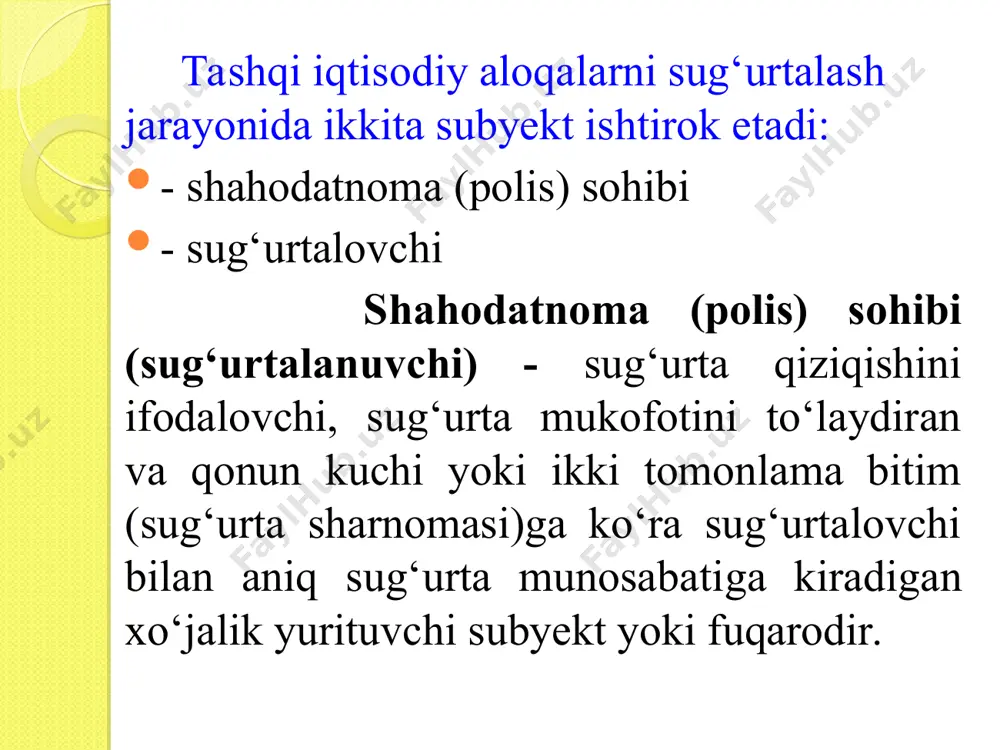 g‘urtalash 6. lizing operatsiyalarini sug‘urtalash 7. vatanni investitsiyalarini sug‘urtalash 8. bojxona xodimlarining kasbiy mas’uliyatini sug‘urtalash 9. xalqaro yuk tashishlarini amalga oshirishda yuk tashuvchining mas’uliyatini sug‘urtalash dasturlari taklif etiladi e’tiboringiz uchun rahmat!