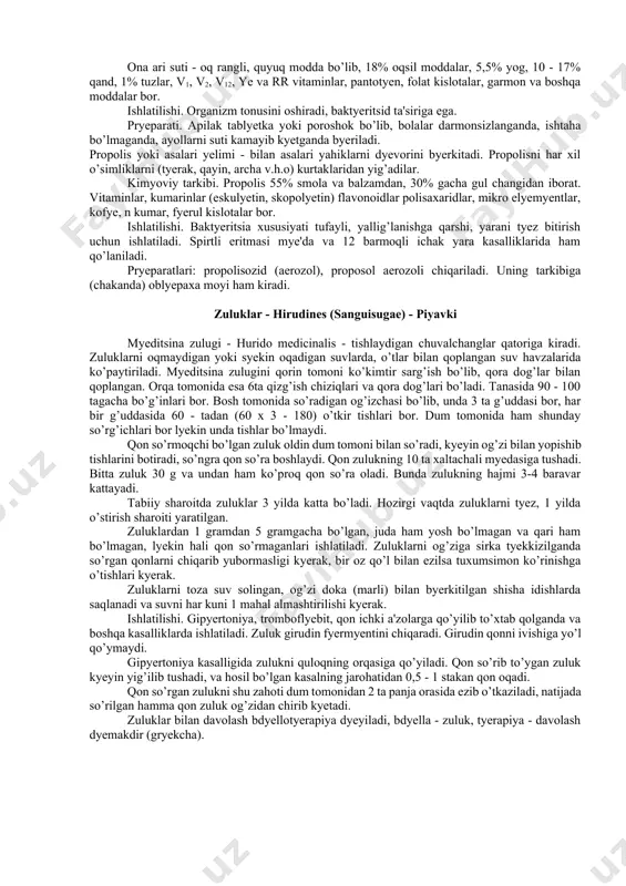 ampulali eritma bo’lib, vipraksinga o’xshash ta'sirga ega. viprosal mazi - (gyurza) qo’lvarilonning zaharidan tayyorlangan bo’lib, tarkibida kamfora, salitsil kislotani, qarayg’ay daraxtini moyi, vazyelin, glitsyerin, emulgator va suv bo’yaladi. ryevmatizm, nyevralgiya, miozit va boshqa kasalliklarda ishlatilib, tyubikda - chiqariladi. viprosal v" mazi (gadyuka) cho’l qora ilonini zaharidan olinadi. viprotoks har xil ilonlarning zaharidan olinadigan linimyent (gyermaniya). kobratoksin bronxial astmani pristupini kamaytiradi. rak o’simtalarining o’sishini kamaytiradi dyegan fikrlar ham bor. asalari ishlab chiqargan mahsulotlar asalari oilasi: “poshsha ari” (ona), “ishchi ari” va “erkak ari” lardan tashkil topgan. pashsha ari oilada yagona bo’lib, ishchi ari va erkak arilardan kattaroq bo’ladi. ishchi arilar kichkina hartumchalari orqali o’simlik gulidagi nyektarni (shirin suyuqlik) so’rib oladi. ular 5 -10 km masofadan gullardan nyektar yig’ib kyeladi. asalarilar bu shirin suyuqlikdan asal tayyorlaydilar. ular o’z tanalaridagi byezlardan ishlab chiqqan mumdan uya yasaydi va ona arining tuxum qo’yishi uchun sharoit yaratib byeradi. asalari zahari zahar ishlab chiqaruvchi byezlarida to’planadi. olish …