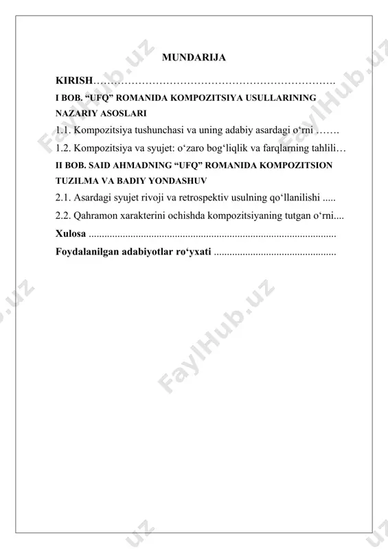 i va boyiyadi. bu jihatlar romanning mazmuni va g‘oyasini chuqurroq anglashda muhim ahamiyat kasb etadi. ushbu kurs ishining maqsadi — said ahmadning “ufq” romanida qo‘llanilgan kompozitsion usullarni tahlil qilish, syujet va qahramonlarning xarakterini shakllantirishda kompozitsiyaning tutgan o‘rnini aniqlashdir. shuningdek, ishda kompozitsion elementlarning asar g‘oyaviy-estetik yuklamasiga ta’siri ko‘rib chiqiladi. bunday tahlil o‘quvchilarga va adabiyotshunoslarga romanning murakkab tuzilmasini tushunishda, shuningdek, zamonaviy o‘zbek nasrining shakllanish jarayonini o‘rganishda yordam beradi. kurs ishining maqsadi.kompozitsiya tushunchasi va uning adabiy asardagi o‘rni haqida nazariy ma’lumotlar berish.said ahmadning “ufq” romanidagi syujet va kompozitsion qurilishni tahlil qilish. romandagi qahramonlarning ichki dunyosini ochishda retrospektiv usul va ichki monologning o‘rnini aniqlash. kompozitsion elementlar yordamida romanning g‘oyaviy-estetik mazmunini yoritish. kurs ishning dolzarbligi zamonaviy o‘zbek adabiyotida kompozitsion yondashuvlarni o‘rganishning ahamiyatidan kelib chiqadi. said ahmadning “ufq” romani kompozitsion jihatdan murakkab va o‘ziga xosligi bilan ajralib turadi, shuning uchun uni chuqur tahlil qilish adabiyotshunoslik sohasida yangi fikrlar paydo bo‘lishiga sabab bo‘ladi. shu bilan birga, ushbu …