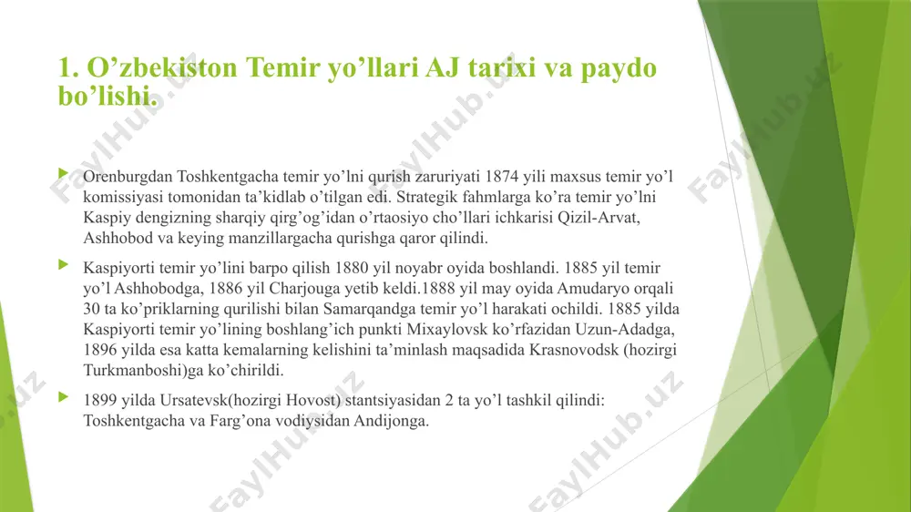 l liniyasini elektrlashtirish ishlari yakunlandi. yangi yangiyer-jizzax va yangiyer-farhod temir yo’l liniyalarini qurish ishlari yakunlandi. markiziy oosiyo hududida toshkentdan samarqandgacha ilk tezyurar yo’lovchi harakatni tashkil qilish maqsadida 2008 yil «o'zbekiston temir yo'llari» aj va "talgo" (ispaniya) kompaniyasi o'rtasida 2 ta tezyurar yo’lovchi elektropoezdlarni sotib olish to'g'risida bitim imzolandi. 2011 yil 8 oktyabrdan «afrosiyob» (ispaniyaning "talgo" kompaniyasi tomonidan islab chiqarilgan) yuqori tezlikda xarakatlanadigan poezdi toshkent-samarqand-toshkent 161/162 sonli yo'nalishga ishga tushirildi. yangi tezyurar poezd bu marshrut orqali xizmat ko’rsatadigan boshqa elektr poezdlar bilan birga, toshkent va samarqand shaharlari o'rtasida harakat qiladi. yuqori tezlikdagi «afrosiyob» poezdi ikki soat va o'n besh daqiqa ichida 344 km temir yo'l masofasini bosib o’tadi. maksimal tezligi soatiga 250 kilometrni tashkil etadi. «afrosiyob» tarkibiga 2 ta lokomotiv va 9 ta qulay vagonlar kiradi: 2 vip klass vagon (vagonda 11 o'rin); 2 biznes klass (vagonda 26 o'rin); 4 ekonom klass (vagonda 36 o'rin); 1 vagon-bistro poezdga zamonaviy ko'rinishni, avvalo, …