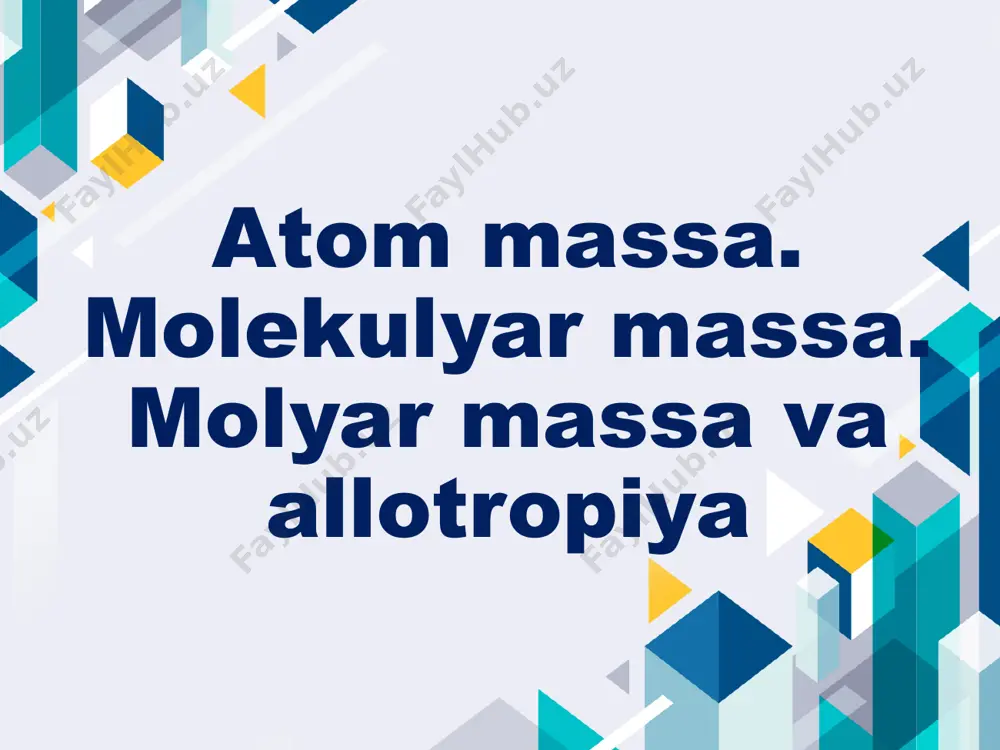 mohiyati molekulyar massa nima? molekulyar massa — bu modda molekulasini tashkil etuvchi barcha atomlarning massalari yig‘indisidir. bu kattalik modda molekulasining og‘irligini ifodalaydi va molekulyar darajadagi hisob-kitoblarda muhim rol o‘ynaydi. molekulyar massa quyidagicha aniqlanadi: bu qiymat nisbiy molekulyar massa deb ataladi va o‘lchov birligisiz ifodalanadi. amalda molekulyar massa atom massasi birligida (a.m.b. yoki u) yoki gram/mol (g/mol) tarzida berilishi mumkin. nisbiy molekulyar massa va hisoblash usuli nisbiy molekulyar massa (m r ) — bu molekulaning massasining uglerod-12 izotopining 1/12 qismiga nisbati sifatida aniqlanadi. u molekuladagi barcha atomlarning nisbiy atom massalarini qo‘shish orqali hisoblanadi. formulasi: kimyoviy formulalardan foydalanish molekulyar massani aniqlashda kimyoviy formulalar asosiy manba hisoblanadi. kimyoviy formulada har bir atom turi va uning molekuladagi soni ko‘rsatilgan bo‘ladi. shunga asoslanib, har bir elementning nisbiy atom massasini ko‘paytiramiz va umumiy yig‘indini topamiz. murakkab moddalarga misol: 3. molyar massa tushunchasi molyar massa – bu moddaning bir molining massasi bo‘lib, gramm/mol (g/mol) birligida o‘lchanadi. ya'ni, …