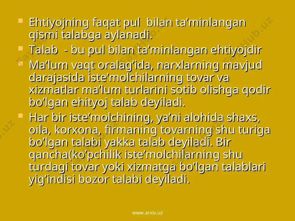 fning narx bo’yicha egiluvchanligi ko’rsatkichi deyiladi. taklifning narx bo’yicha egiluvchanligi (эtf) darajasi quyidagi formula bo’yicha hisoblanadi: эtf=δq/δp δq-talab miqdorining foizli o’zgarishi, δp-narxlarning foizli o’zgarishi. www.arxiv.uz www.arxiv.uz e’tiboringiz uchun raxmat www.arxiv.uz www.arxiv.uz
