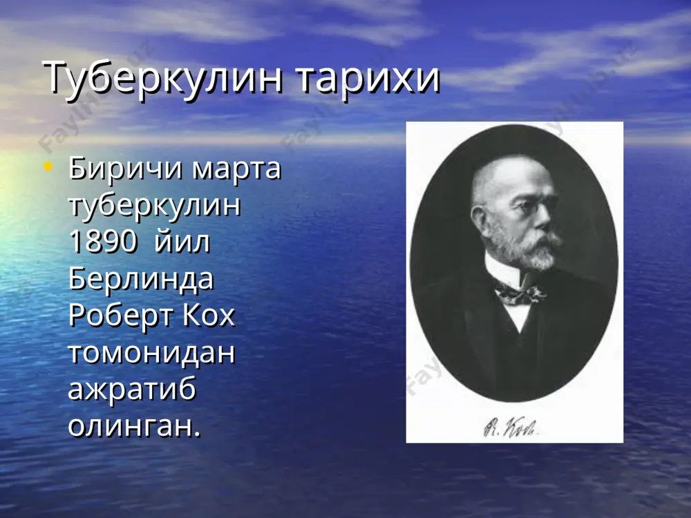 ия мусбат анергия мусбат анергия 1. мусбат анергия сил таёқчаси билан инфицирланган соғлом одамларда кузатилади. манфий анергия бу организмда сил таёқчаси бор лекин манту синамасига манфий реакция бўлиши. 1. манфий анергия силни зўрайиб борувчи кечишида. 2. вич инфекция фонида сил билан касалланганларда. 3. оғир ёндош касалликларда. манту синамасига қарши кўрсатма 1. ўткир ва сурункали инфекцион касалликлар. 2. тери касалликлари. 3. аллергик касалликлар, (ревматизм, бронхиал астма). 4. эпилептик холатлар. тери ости кох туберкулин синамаси 1. роберт кох 1890 йил биринчи бўлиб туберкулинни ажратиб олди. 2. бу синама сил касаллигида таққослама ташхис учун жуда қулай. кох туберкулини atk, (а-alt, т-tuberculin, к-kochi). кох эски туберкулини. 2. болалар учун 10 20 tб, ўсмирлар учун 30-50 тб юборилади. кох туберкулини кох синамаси қўйишдан мақсад 1. туберкулёз диф-диагностикаси. кох синамасини максади рентгенда аникланган туберкулезга хос узгаришларни фаоллигини аниклаш кох синамасини учокли реакцияси тана хароратини ортиши; йутал кучайиши кон анализида узгаришлар аускультацияда баъзида хириллашлар эшитилиши сил таёқчасининг …