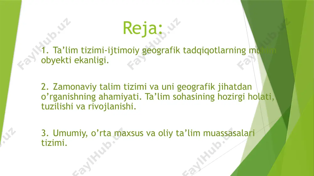 a’lim tizimi bola shaxsini sog’lom va yetuk, maktabda o’qishga tayyorlangan tarzda shakllantirish maqsadini ko’zlaydi. boshlang’ich ta’lim umumiy o’rta ta’lim olish uchun zarur bo’lgan savodxonlik, bilim va ko’nikma asoslarini shakllantirishga qaratilgandir. umumiy o’rta ta’lim bilimlarning asosiy bazasini shakllantirib beradigan va inson kamolotining rivojlanish xususiyatlarini shakllantiradi. o’rta maxsus bilim va kasb-hunar ta’limi insonni ma’lum bir kasb va hunar olish ehtiyojlarini qondirib, oliy ta’lim uchun zamin yataradi. oliy ta’lim, ya’ni universitet, institut, akademiya va oliy maktablarning boshqa ta’lim muassasalariga yuqori malakali hamda oliy ma’lumotli mutaxassislar tayyorlashni ta’minlaydi. oliy o’quv yurtidan keyingi ta’lim (tayanch doktorantura, doktorantura) jamiyatning yuqori malakali ilmiy va ilmiy - pedagogik kadrlarga bo’lgan ehtiyojlarini ta’minlashga qaratilgandir. kadrlar malakasini oshirish va ularni qayta tayyorlash kasb bilimlari va ko’nikmalarini chuqurlashtirish hamda yangilashni ta’minlaydi. o’zbekistonda maktabgacha ta’lim muassasalarining sonini o’zgarish dinamikasi 2000-2009-yillar davomida maktabgacha ta’lim muassalarining soni 6000 tadan ortiq bo’lib, asosan, qishloqlarda ko’proq bo’lgan. 2010-yildan keyin ularning moddiy holati yaxshilanib, bir-biriga yaqin maydaroq …