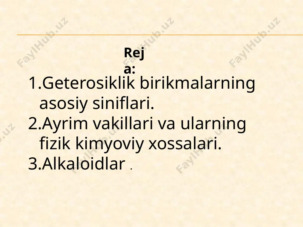 tdan karbosiklik birikmalardan farq qiladi va barqaror birikmalar hisoblanadi. o’zlarining xossalari jixatdan benzolga yaqin turadi yani aromatik xususiyatga ega bo’ladi. o’simlik xlorofili,geteroauksin, indigo, pentsilin, vitaminlar alkaloidlar va pegmentlar geterosiklik birikmalardan iborat. geterosiklik birikmalarning asosiy sinflari quyudagicha: 2. 5 azoli 2 ta geteroatomli birikmalar. 1. 5 azoli 1 ta geteroatomli birikmalar. 4. 6 azoli 2 ta geteroatomli birikmalar. 3. 6 azoli 1 ta geteroatomli birikmalar. 5. ikki halqali geterosiklik birikmalar 6. uch halqali geterosiklik birikmalar pirrol: rangsiz, havoda tez oksidlanadigan beqaror suyuqlik. uning qaynash temperarurasi 131 ‘c. pirrol suvda yomon lekin spirt va efirda oson eriydi. pirrol furan tiofin halqalari o’zaro genetik o’xshash bo’ladi . y.k.yuryevning ko’rsatishicha furan bug’uni sulfid yoki ammiak bilan aralashtirib 450-500 ‘c da al2o3 ustidan o’tkazilsa ular biridan ikkinchisiga o’zgarib turadi. pirrol va uning hosilalari aromatik xossalarni yaqqol namoyon qiladi. u o‘z xossalari jihatidan fenolga ham o‘xshaydi. pirrol xlor, brom, hattoki, yod bilan oson elektrofil o‘rin almashinish …