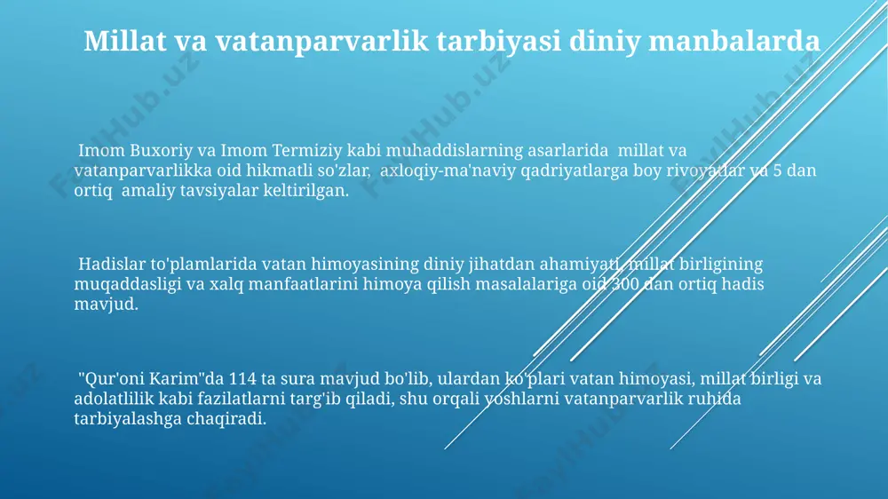 agi natijalari batafsil bayon etilgan. islomda yoshlarning axloqiy kamol topishi islom taʼlimi yoshlarda 3 ta muhim qadriyat – iymon, ilm va amalni birlashtirish orqali axloqiy mustahkamlikni vujudga keltirishga qaratilgan. qurʼoni karim va hadislar yoshlarning 7 ta fazilatini – halollik, rostgoʻylik, mehr-oqibat, sabr-toqat, adolat, shukr va kamtarlik kabi fazilatlarni rivojlantirishga chaqiradi. islomda 5 ta asosiy ibodat – namoz, roʻza, zakot, haj va qalb pokligi orqali yoshlarning axloqiy barkamolligini shakllantirishga alohida eʼtibor qaratiladi. e'tiboringiz uchun rahmat @taqdimot_robot