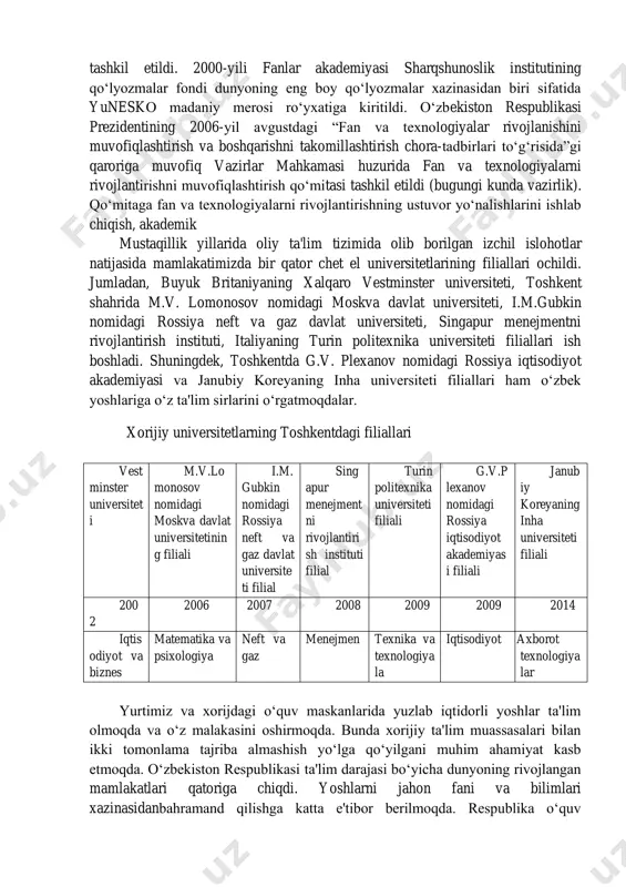 ri to‘g‘risida”gi qaroriga muvofiq vazirlar mahkamasi huzurida fan va texnologiyalarni rivojlantirishni muvofiqlashtirish qo‘mitasi tashkil etildi (bugungi kunda vazirlik). qo‘mitaga fan va texnologiyalarni rivojlantirishning ustuvor yo‘nalishlarini ishlab chiqish, akademikmustaqillikning dastlabki yillarida ilm-fan. yuzaga kelgan yangi tarixiy shart-sharoit ilm-fan sohasini tub islohot qilishni taqozo etdi. zero, dolzarb ilmiy-texnik muammolar hal qilinishi respublikaning rivojlanishini ta'minlar edi. avvalo, o‘zbekiston respublikasi prezidentining 1992-yil martdagi farmoni bilan ilmiy kadrlar tayyorlanishini tashkil etuvchi vakolatli organ - oliy attestatsiya komissiyasi (oak) tashkil etildi. prezidentning 1992-yil iyuldagi “ilm-fanni davlat yo‘li bilan qo‘llabquvvatlash va innovatsiya faoliyatini rivojlantirish to‘g‘risida”gi farmoni asosida respublika olimlarini xorijiy mamlakatlarga tajriba orttirishga yuborilishi yo‘lga qo‘yildi. ilmiy natijalarni ichki va tashqi bozorga olib chiqish bilan shug‘ullanuvchi respublika ilmiy ishlanmalarni innovatsiya tijorat markazi fanlar akademiyasi tarkibida tashkil etildi. 1997-yil xorazm ma'mun akademiyasi qayta tiklanib, o‘zbekiston fanlar akademiyasining mintaqaviy bo‘linmasi sifatida tashkil etildi. 2000-yili fanlar akademiyasi sharqshunoslik institutining qo‘lyozmalar fondi dunyoning eng boy qo‘lyozmalar xazinasidan biri sifatida yunesko madaniy …