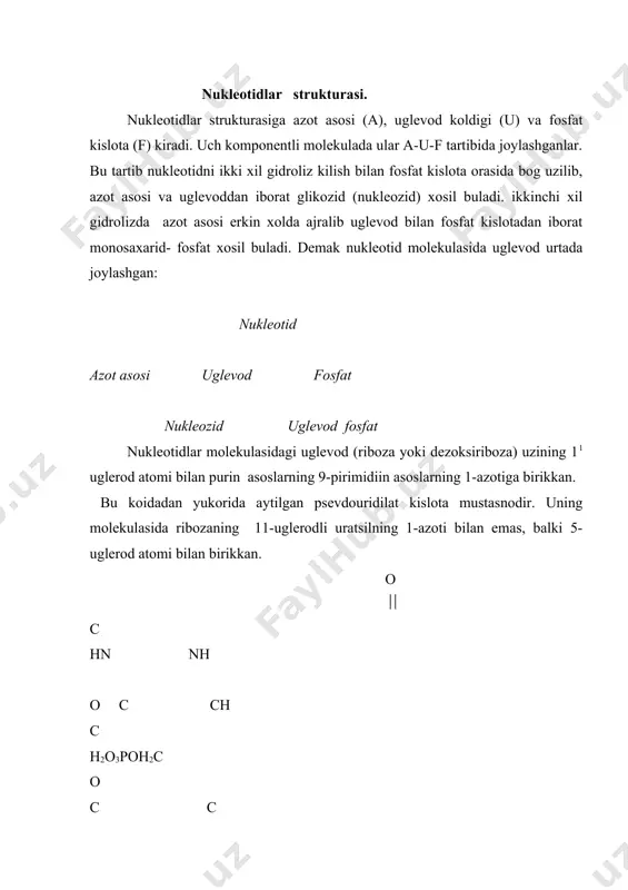 ajratib olinadi va ularda nukleotidlar tartibi belgilanadi. nuklein kislotalarda assoslarning birin-ketin kelishini aniklash usuli senger va gilbert tomonidan mukammal ishlab chikilgan. bu usul rnk va dnk ning polipeptid zanjirlari kanchalik uzun bulmasin ularning tuzilishini batafsil urganish imkoniyatini beradi. uz kashfiyotlari uchun senger va gilbert 1980 yilda nobel mukofotiga sazovor bulganlar. dnk strukturasi. dezoksiribonuklein kislota barcha tirik organizmlarda va bir kancha viruslarda mavjud. u genetik (nasli) informatsiyani saklaydi va avloddan-avlodga uzatadi. nuklein kislotalarning tuzilishi eng sodda tirik organizmlar- prokariotlarda tularok urganilgan. prokariotlar katoriga bakteriyalar, kuk-yashil usimliklar, mikroplazmalar kiradi. ularda membrana bilan chegaralangan yadro bulmaydi, bir donagina xromosomasi yagona dnk molekulasidir. dnk molekulasining birlamchi strukturasi birin-ketin joylashgan dezoksiribozonukleotidlar katoridan iborat. yukorida aytilgani kabi azot asoslaridan dnk tarkibiga a,g,ts va t kiradi. dnk molekulasida nukleotidlar nisbati chargaff koidasiga buysunadi. lekin azot asoslari mikdoridagi farklar at va gts juftlari nisbatining uzgarishida yaxshi kuzatiladi.