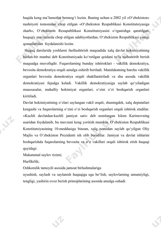 йиллардаги бухоро халқ республикаси конституциялари. 5. 1927-1937-1978 йиллардаги ўзбекистон сср конституциялари. 6. www.ziyonet.uz