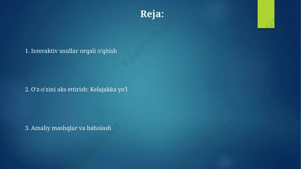 larini tahlil qilishda kamida 4 ta asosiy mezon (masalan, aniqlik, mantiqlilik, chuqurlik, amaliylik) qo'llanilishi ularning o'z-o'zini baholash va mustaqil fikrlash qobiliyatlarini yaxshilashga yordam beradi. mulohaza jarayonida kamida 2 ta turli nuqtai nazarni tahlil qilish va ular orasidagi farqlarni aniqlash orqali tanqidiy fikrlash malakalarini rivojlantirishga erishish mumkin. kelajakdagi rejalar va istiqbollar innovatsion texnologiyalarni joriy etish orqali samaradorlikni 30% ga oshirish va 10 ta yangi loyihani boshlash, shu bilan birga xalqaro hamkorlikni kengaytirish. kelajakdagi rejalarni amalga oshirish uchun 5 yillik strategik reja ishlab chiqish va har yili 20% o'sishni ta'minlash, bu esa raqobatbardoshlikni oshirishga olib keladi. mulohaza uchun zarur shart-sharoitlar mulohaza natijalarini tahlil qilish va kelgusidagi rejalashtirish uchun aniq mezonlar va 5-ballli baholash tizimi qo'llash foydalidir, bu ob'ektivlikni ta'minlaydi. mulohaza jarayonini samarali o'tkazish uchun kamida 3-5 kishilik kichik guruhlarda ishlash tavsiya etiladi, bu ishtirokchilar o'rtasida ochiq muloqotni ta'minlaydi. guruhda mulohaza qilish usullari har bir ishtirokchi o‘z refleksiyasi natijalarini 3 rangli stikerlarga yozib, …