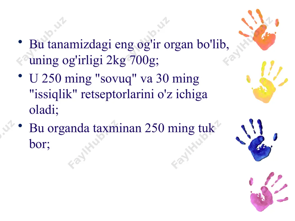 itaminov gormonalnie narusheniya gribkovie i paraziticheskie zabolevaniya koji strigushiy lishay chesotka travmi ojogi (i-iv stepeni) obmorojeniya domashnee zadanie 39-41 prezentatsiya uchit! znat! budet pismennaya rabota! terining qaysi qismida qon va limfa tomirlari mavjud? terining qaysi qismida yog ‘va ter bezlari mavjud? ushbu funktsiyalardan qaysi biri teri dermasiga tegishli? terining qaysi qismi tanadan issiqlikni chiqarishga to'sqinlik qiladi? teri dermasi qanday to’qmaga kiradi? epitelial to'qimalarning qaysi turi teri epidermisini hosil qiladi? teri kasalliklarini davolovchi shifokor..... terida issiqni sezuvchi retseptorlar soni… terida sovuqni sezadigan retseptorlar....? terida taktil yani tuygu retseptorlari soni nechta? teriga rang beruvchi pigment va hujayra qaysi? teri nechta qavatdan iborat? terining tashqi qavati...deyladi terining o'rta qavati.... deyladi. terining ichki qavati... deyladi e’tiboringiz uchun katta rahmat ! toshkent kimyo xalqaro universiteti kimyo va biologiya kafedrasi “yosh fiziologiyasi va gigiyenasi” fani ma’ruzachi ahatova guljahon hakimovna 24 image3.png image5.png image1.png image2.png image6.png image7.png image8.png image9.jpeg image10.png image11.png image12.gif image13.jpeg image14.png image15.png image16.jpeg image17.png …