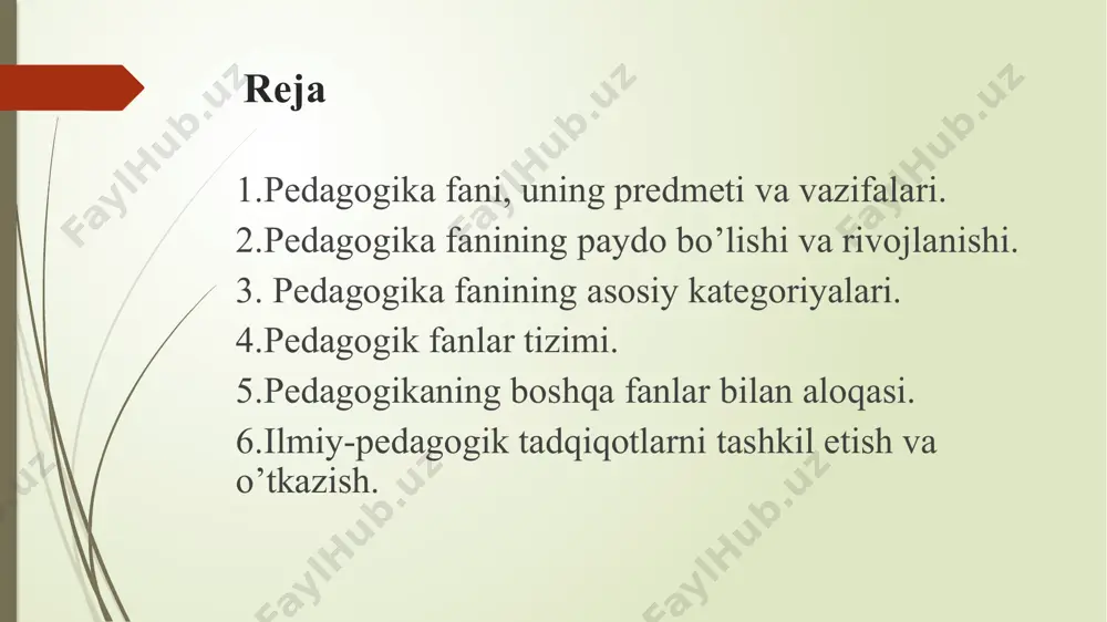 pedagogikaning bahsi- tarbiyaviy faoliyat pedagogika tarbiyaning mohiyatini, uning qonuniyatlarini ochib beradi katta avlod vakillari tomonidan orttirgan tajribalar keyingi avlodga o'rgatib borilgan. kichik avlod esa katta avloddan meros bo’lib qolgan bilim va ko'nikmalarni, qadriyatlarni egallab, yanada boyitib, o'zidan keyingi avlodga qoldiradi. bu taraqqiyot qonini bo’lib.. pedagogika fanining vazifalari. 1. ma’naviy, axloqiy talablarga javob beruvchi pedagogik jarayonning mohiyatini o’rganish. 2. shaxsni har tomonlama kamol to’tirish qonuniyatlarini aniqlash. 3. rivojlangan xorijiy mamlakatlar ta’lim tizimi tajribasini o’rganish asosida uzluksiz ta’lim tizimini takomillashtirish. 4. ta’lim muassasalaridagi pedagoglar faoliyatining mazmunini asoslash. 5. ilg`or pedagogik tajribalarni umumlashtirish va amaliyotga joriy etish. 6. pedagoglarni pedagogika nazariyasiga oid bilimlar bilan qurollantirish. 7. ta’lim-tarbiya va ijtimoiy tarbiya yo’nalishlari o’rtasidagi o’zaro aloqadorlikni ta`minlash. 8. o’qitish hamda tarbiyalash jarayonining samarali texnologiyalarini yaratish. 9. oila tarbiyasini muvaffaqiyatli tashkil etish yuzasidan ota-onalar uchun ilmiy-metodik tavsiyalarni ishlab chiqish. 2.pedagogikaning paydo bo’lishi va rivojlanishi. insoniyat tarixiy taraqqiyot mobaynida turli ijtimoiy bosqichlarni bosib o'tdi. ibtidoiy jamoa tuzumida …
