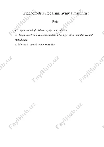 trigonometrik ifodalarni ayniy almashtirish — DOC