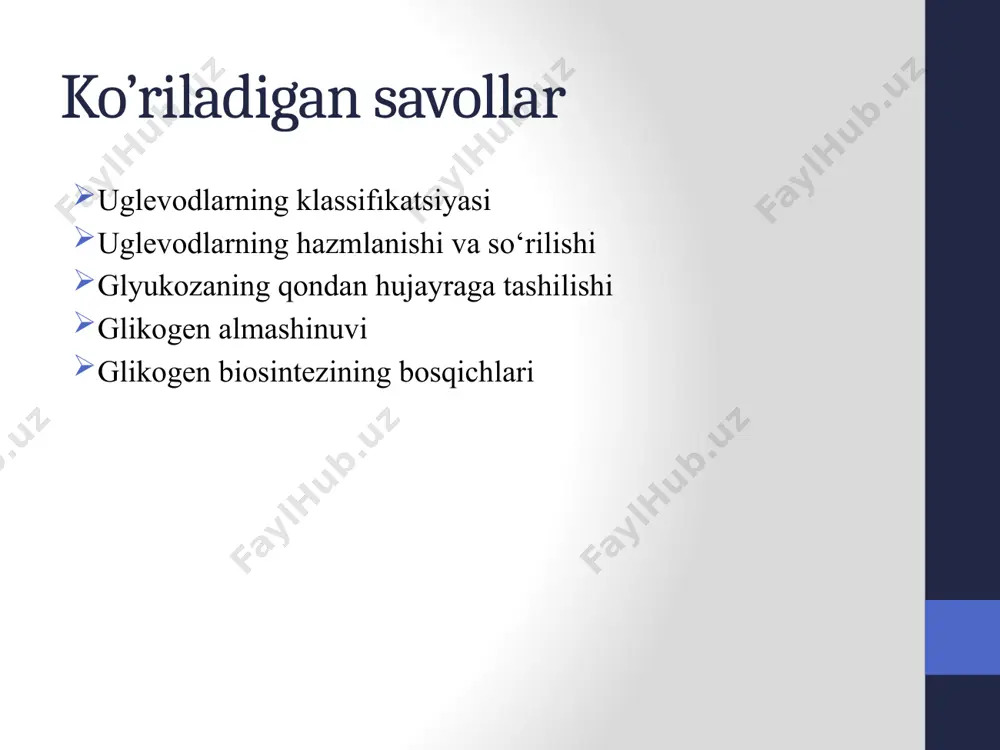 di. kraxmal va glikogen parchalanishining muhim fazasi oshqozon osti bezi shirasi tarkibidagi a-amilaza ta’sirida o‘n ikki barmoqli ichakda kechadi. oligosaxaridlar va disaxaridlar ingichka ichakda spetsifik glikozidlar ta sirida gidrolizlanadi. bu fermentlar ichak hujayralarida sintezlanadi, lekin ichak bo‘shlig‘iga ajralmaydi, hujayra yuzasida oligosaxaridlami (juniladan maltozani) parchalovchi kompleks, saxaroza - izomaltozali kompleks va laktozali kompleks kabi substrat spetsifikligi bilan farqlanadigan katta komplekslarni hosil qiladi. monosaxaridlar uglevodlar (konsentratsiya gradiyentiga qarshi) so‘rilib qonga o‘tadi. ovqat bilan uglevodlar oshiqcha miqdorda iste’mol qilinganda, oz miqdorda saxaroza, laktozalar ham so‘rilishi mumkin qon bilan glyukoza jigarga boradi va uning ma’lum miqdori glikogenga aylanadi, asosiy miqdori esa qon bilan hamma to‘qima hujayralariga yetkaziladi uglevodlaming to‘liq hazmlangan mahsuloti - monosaxaridlar (glyukoza, galaktoza va fruktoza) ichak hujayralari orqali qonga o‘tadi. ichakdan qonga so’rilishida monosaxaridlar hujayra membranasi orqali maxsus tashuvshilar ishtirokida, yengillaslıtirilgan diffuziya yo‘ li bilan o‘tadi. bundan tashqari, glyukoza va galaktozaning tashilishida yana bir boshqa usul - na’,k’-atfaza ishtirokida, na“ ionlari konsentratsiyasi …
