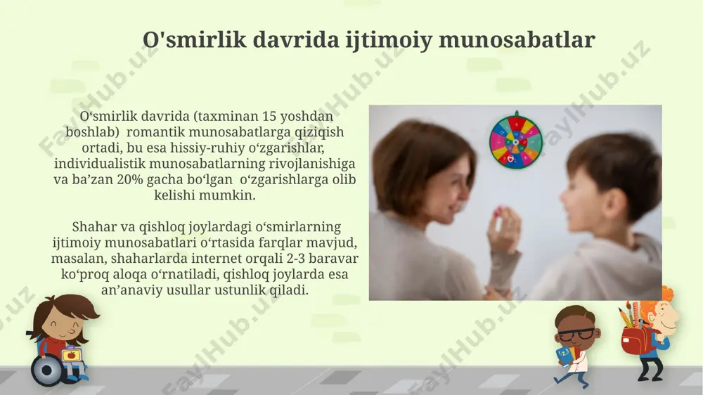 l rivojlanishi uchun samarqanddagi tadqiqotlar shuni ko'rsatdiki, iliq va qo'llab-quvvatlovchi muhitning ahamiyati 70% ga teng. axloqiy rivojlanish oʻsmirlik davrida (13-18 yosh) axloqiy rivojlanishda tengdoshlar guruhi katta taʼsir koʻrsatadi, bu davrda shaxs oʻzining axloqiy qarashlarini shakllantirish va ijtimoiy normalarga moslashtirishga harakat qiladi, masalan, toshkentdagi oʻrta maktablarda kuzatiladigan hodisalar. bolalik davrida, taxminan 2-7 yosh oraligʻida, oʻzbek bolalarida oʻziga xos axloqiy meʼyorlar shakllanib, oila va yaqin atrof muhit taʼsiri ostida 5-6 ta asosiy qoidalarni oʻzlashtirishadi. muloqot va munosabatlarning rivojlanishi oʻsmirlik davrida (13-17 yosh), jahon sogʻliqni saqlash tashkilotining maʼlumotlariga asosan, tengdoshlar bilan munosabatlarning ahamiyati keskin ortadi, bu davrda ijtimoiy qabul qilinish hissi shaxsning oʻziga boʻlgan ishonchini belgilaydi. 6-8 yoshlik bolalarda, masalan, toshkent shahridagi maktablar boʻyicha kuzatuvlarga koʻra, hamkorlik va raqobat elementlarini oʻz ichiga olgan murakkab oʻyinlar orqali muloqot koʻnikmalari sezilarli darajada rivojlanadi. bolaning psixologik sog'lomligi bolalarni psixologik sogʻlomligini mustahkamlashda oila muhiti muhim ahamiyatga ega, chunki 5 yoshgacha boʻlgan davrda miya tez rivojlanadi va samarqanddagi …