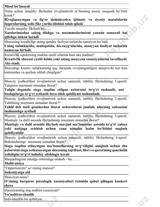 atez yuksalish va martabaga erishish istagida bo‘lganlar; - shaxsiy hayotida kreativ usullarni qo‘llashni hohlaganlar; - yangiliklardan hayratga tushadigan va boshqalarni ham hayratga solishni istovchi kishilar va boshqalar. ijodiy fikrlashga to‘gri berilgan ta’rifni toping ijodiy fikrlash bu- yangi va foydali g’oyalarni taklif qilish, muqobil imkoniyatlarni yaratishdir tanqidiy fikrlash uchun zarur bo‘lgan nazariy bilimlardan biri ilmiy usullarga qaysi usullar кiradi? sokratik usul kreаtiv fikrlаsh nimа? ijodiy fikrlash - bu turli nuqtai nazarlar yoki haqiqatlar haqida fikr yuritish va keyin yangi g‘oyalarni ongga olib kelishdir. innovatsiya bu yangi g‘oyalarni dunyoga olib kelishdir. bu aksariyat tashkilotlar rivojlantirishni maqsad qilgan nomoddiy xususiyatdir. ikkita chaqmoqtoshni bir-biriga urib olovni, tomas edison elektr lampasini, leonardo da vinchi parashyutni ixtirosi kreativ fikrlashga misol boʼla oladimi? bo’la oladi kreativ fikrlash bu tug‘ma layoqatga misol boʼla oladimi? misol bo’lmaydi nima uchun tanqidiy fikrlashni rivojlantirish ta’limning asosiy maqsadi bo‘lishi kerak? rivojlanayotgan va ilg‘or demokratiya ijtimoiy va siyosiy masalalarda fuqorolarning xolis fikr yurita …