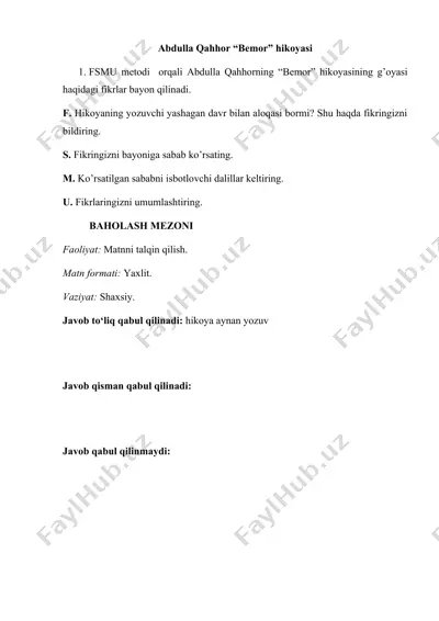 abdulla qahhor “bemor” hikoyasi — DOCX