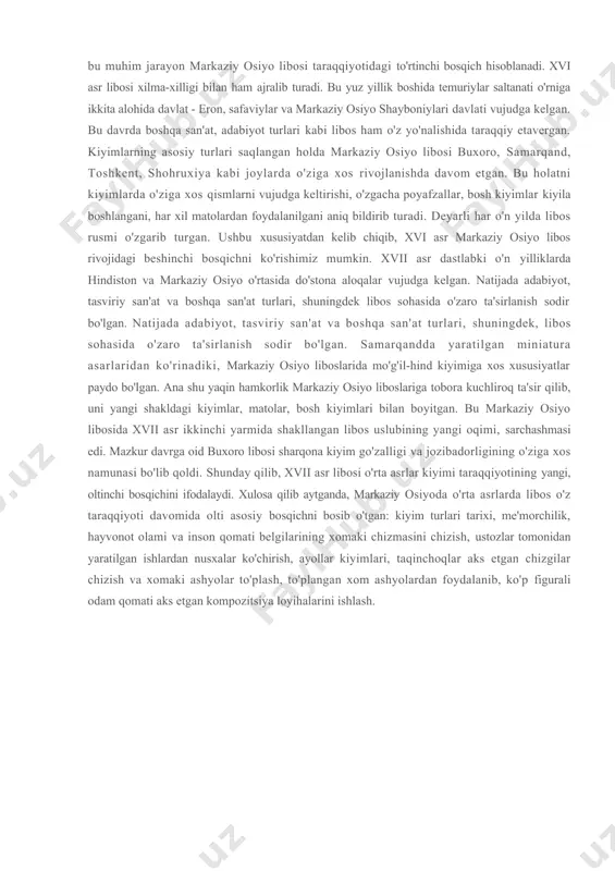 omondan boylab qo'yiladigan, dioganal bichimli, kalta yengli, yon tomondan bel barobar qirqib ochilgan, ko'kraklari kashta bilan bezatilgan libosda xiv asr libosiga xos xususiyatlar mujassamlashgan deyish mumkin. chingiziylar hukmronligi ostida bo'lgan markaziy osiyoning barcha hududlarida bu xildagi kiyim urf bo'lgan. ayollar ustki liboslarining oldi ochiq, keng, nihoyatda uzun, yengi pastga qarab kengayib boradigan tarzda bo'lgan. bosh kiyimi ust qismiga bir tutam qush pati o'rnatilgan, bichimi birmuncha murakkabroq qalpoq shaklida edi. o'rta asrlar libosi taraqqiyotining ikkinchi bosqichi markaziy osiyoda mo'g'il-xitoy libos rusumi hukmronlik qilgan - xiii asr birinchi choragida xiv asrning ikkinchi choragigacha bo'lgan davrni o'z ichiga oladi. xiv asrning ikkinchi choragidan boshlab, mo'g'il-xitoy libos rusumi siqib chiqarildi va mahalliy liboslarning yangi turi shakllandi. ammo erkaklar to'ni, kiyimlarning ko'krak qismiga tikilgan kashta bezaklari, liboslarning yelka va bel qismi, etaklarni belgacha yoki undan uzunroq qilish saqlangan. bu mo'g'il-xitoy libosiga xos xususiyat sanaladi. soyabonli yoki qayirma bosh kiyimlar ko'rinishida mo'g'il-xitoy libosi o'zini saqlab qolgan. …