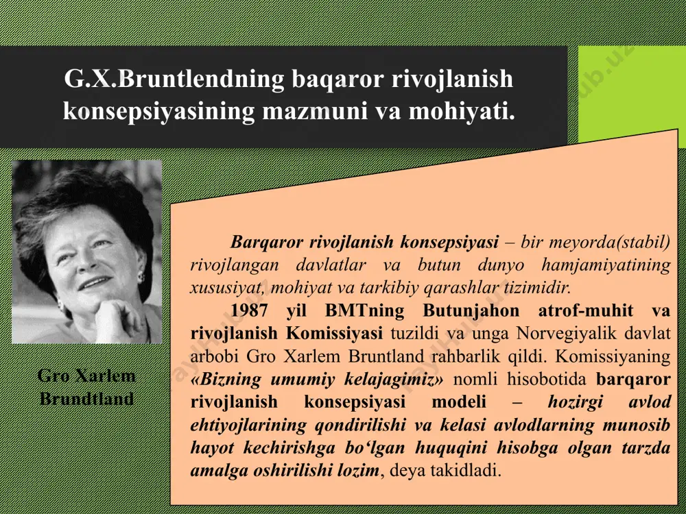 ‘liq tizim sifatida qarash zarurati tug‘ilmoqda. markaziy osiyo mamlakatlarida barqaror taraqqiyotning dolzarbligi va zaruriyati 1995 yil 18-20 sentabr kunlari о‘tkazilgan "orol dengizi havzasini barqaror rivojlantirish" bо‘yicha bmt konferensiyasi davomida beshta markaziy osiyo mamlakatining prezidentlari tomonidan ilk bor tarixiy nukus deklaratsiyasi imzolandi va unga binoan, bu mamlakatlar barqaror rivojlantirish va "xxi asr uchun kun tartibi"ga qat’iy tarzda tarafdor ekanliklari о‘z tasdig‘ini topdi. xulosa barqaror rivojlanish konsepsiyasi ishlab chiqarish va iste’mol qilish, aholining о‘sishi va ijtimoiy himoyasi о‘rtasidagi muvozanatni rivojlangan va rivojlanish yо‘lida turgan barcha davlatlarda saqlashni hisobga oladi. ekologik muammolarning yechimi biron bir davlat (masalan, aqsh) yoki biron bir davlatlar (masalan, “katta sakkizlik“) faoliyatiga bevosita bog‘liq emas. barcha о‘tkaziladigan konferensiya va sammitda ijtimoiy hayotning ekologik muammolari davlat va mintaqalarning bir maromda rivojlanishida, ularning ijtimoiy-iqtisodiy mо‘tadilligini ta’minlovchi eng muhim elementi sifatida kо‘rib chiqiladi. foydalanilgan adabiyotlar 1 tabiat.jamiyat.ma’naviyat prezident i.karimov asarlarida ekologik masalalarning yoritilishi. tuzuvchi va so‘z boshi a.nigmatov.-t.”o‘zbekiston”, 2009. 2 azizov a.a., …